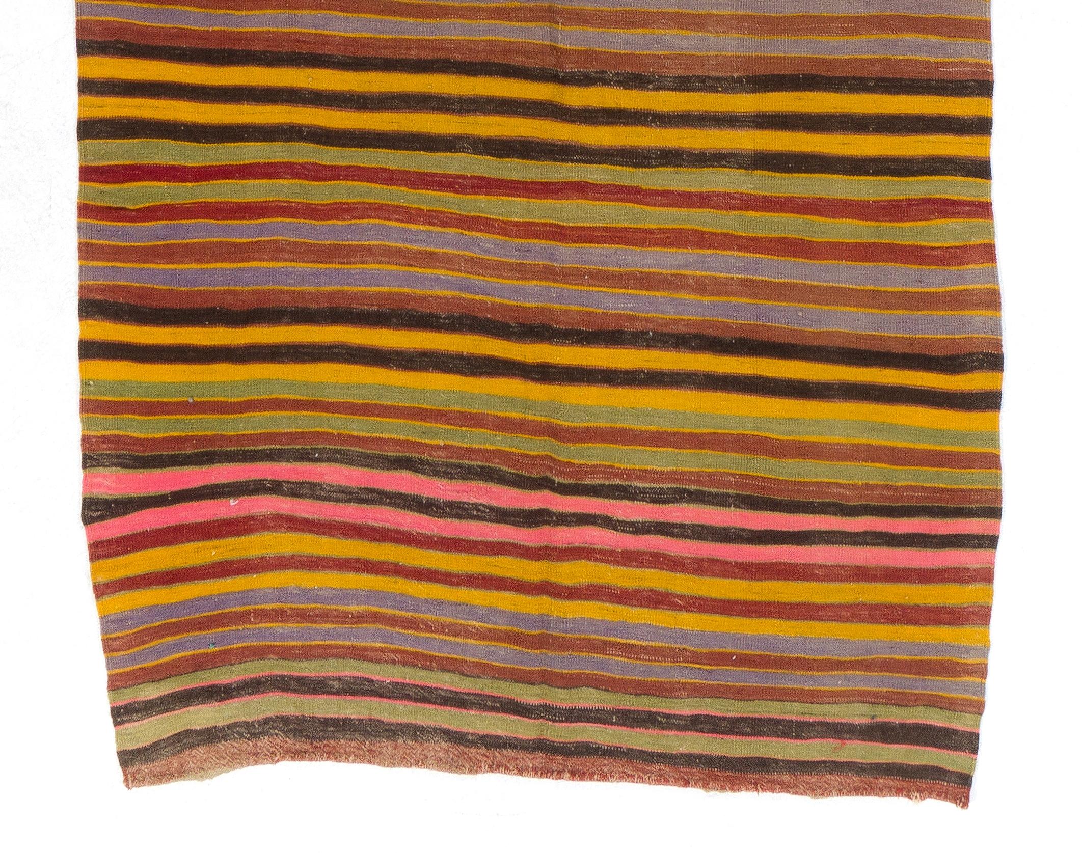 4.7x12.2 Ft Multicolored Vintage Banded Handmade Wool Turkish Kilim 'Flat Weave' In Good Condition For Sale In Philadelphia, PA