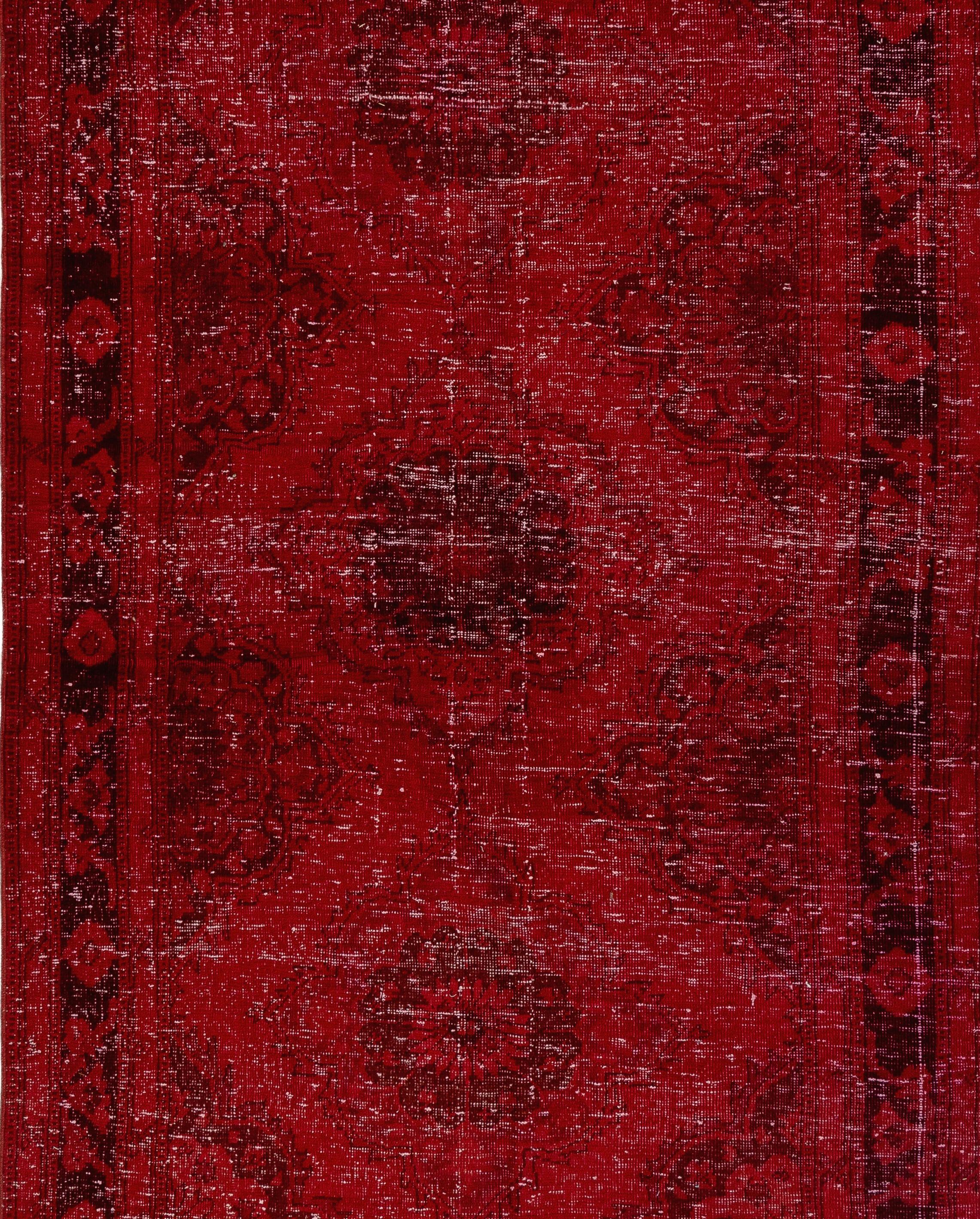 Modern 4.7x12.4 ft Vintage Handmade Distressed Turkish Wool Runner Rug Over-dyed in Red For Sale