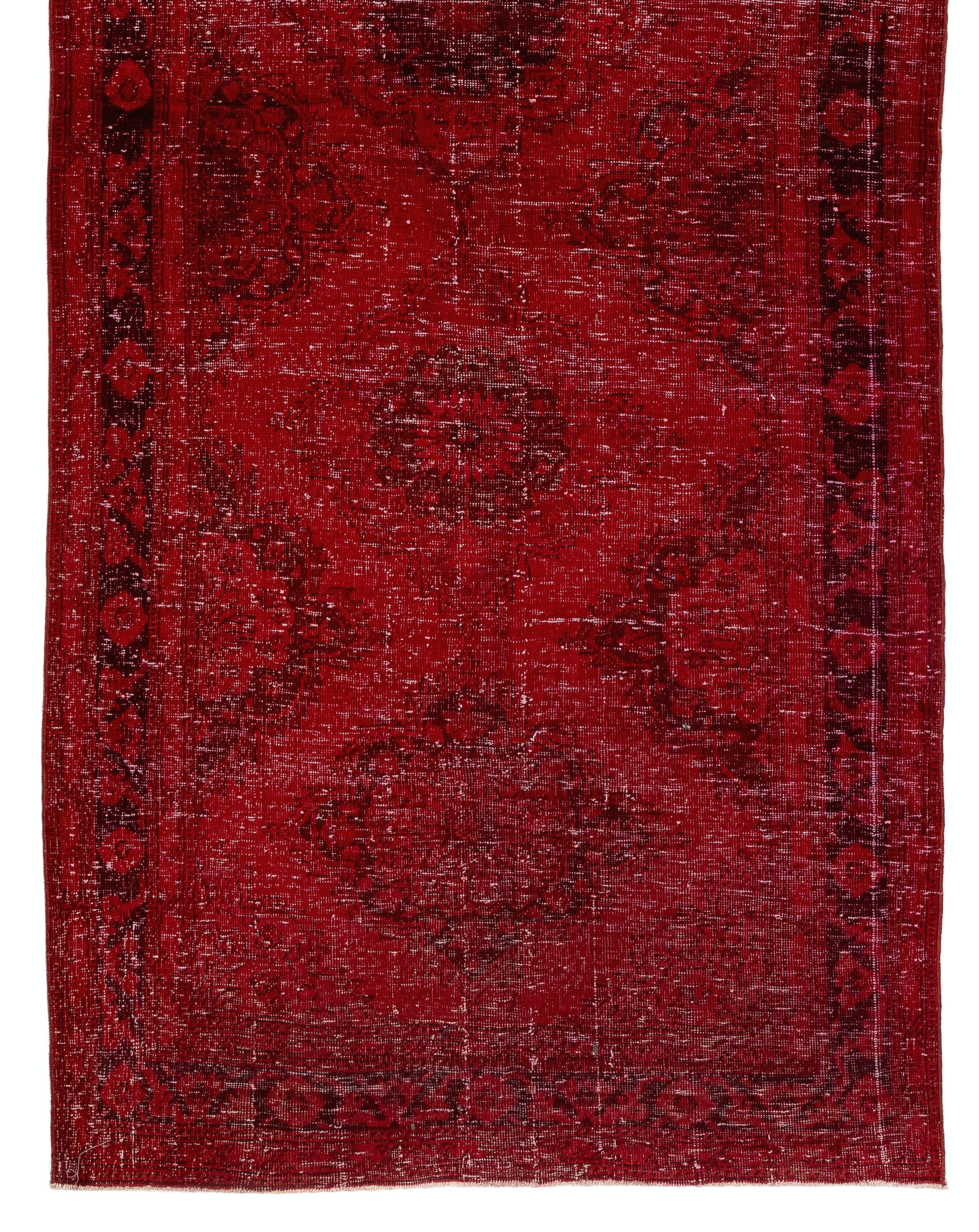 Hand-Knotted 4.7x12.4 ft Vintage Handmade Distressed Turkish Wool Runner Rug Over-dyed in Red For Sale