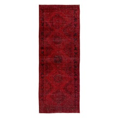 4.7x12.4 ft Vintage Handmade Distressed Turkish Wool Runner Rug Over-dyed in Red