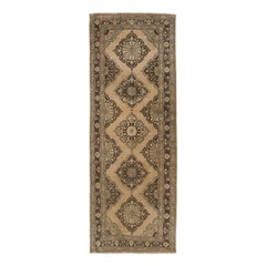 Tappeto Oushak vintage fatto a mano 4.7x12.7 ft in beige e marrone per il corridoio