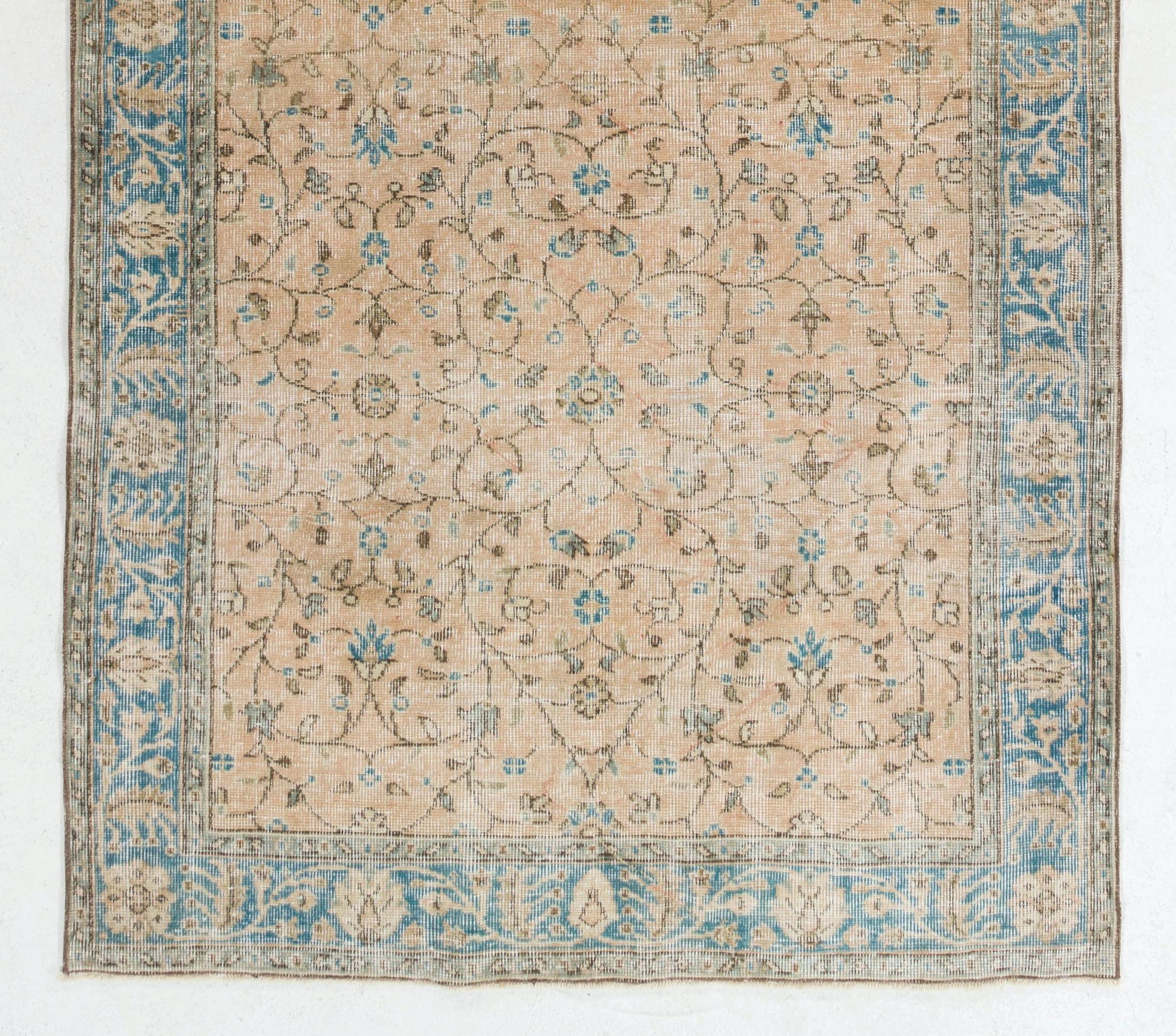 Hand-Knotted 4.7x12.8 Ft Vintage Handmade Turkish Floral Wool Runner Rug in Blue & Coral Pink