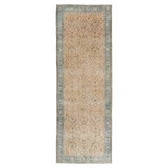4.7x12.8 Ft Vintage Handmade Turkish Floral Wool Runner Rug in Blue & Coral Pink
