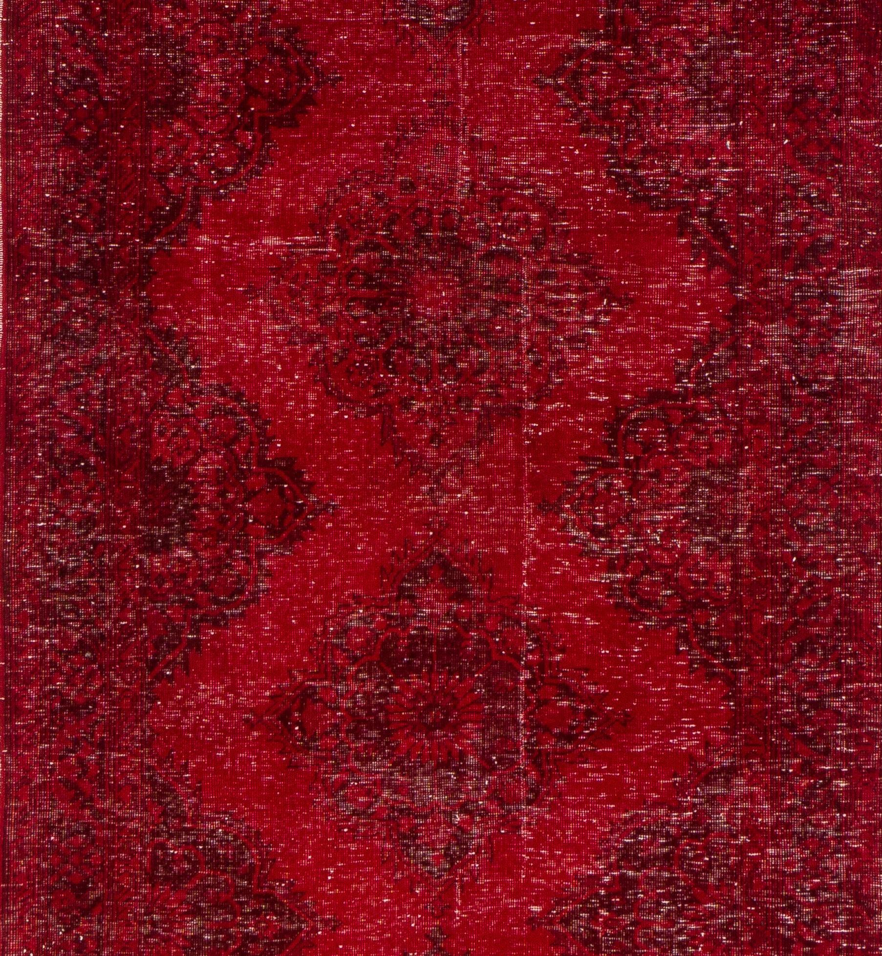 Modern 4.7x13 Ft Hand-Knotted Vintage Konya Sille Runner Rug Over-Dyed in Red Color For Sale