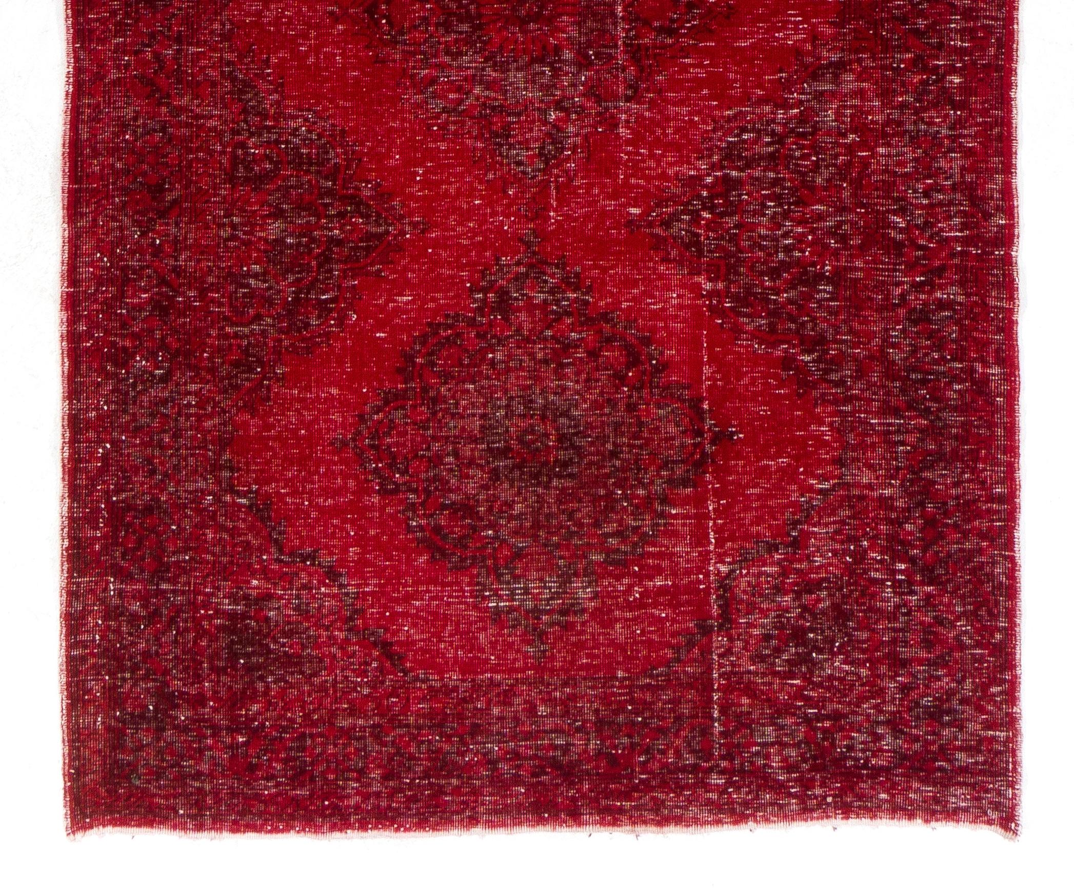 Turkish 4.7x13 Ft Hand-Knotted Vintage Konya Sille Runner Rug Over-Dyed in Red Color For Sale