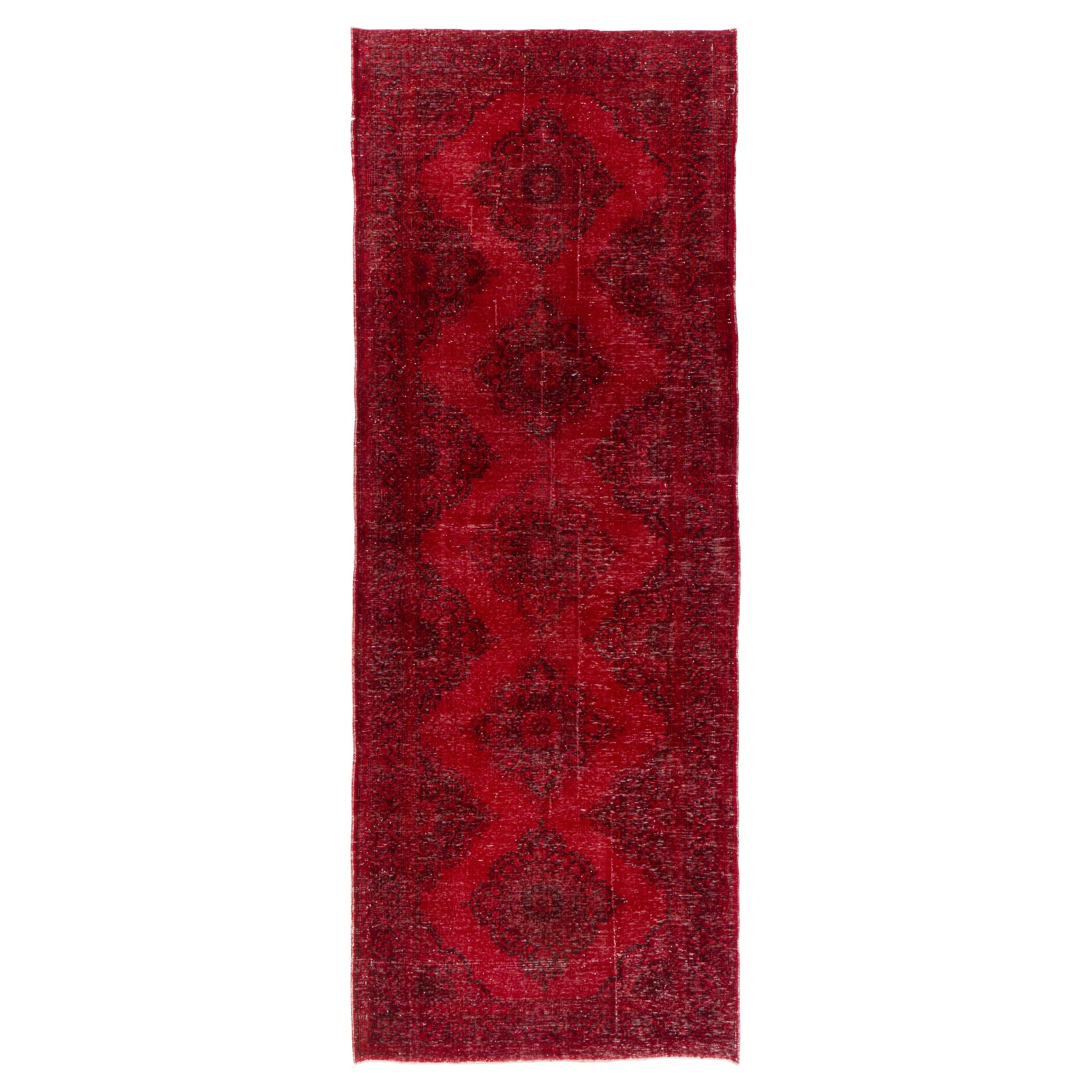 4.7x13 Ft Hand-Knotted Vintage Konya Sille Runner Rug Over-Dyed in Red Color For Sale