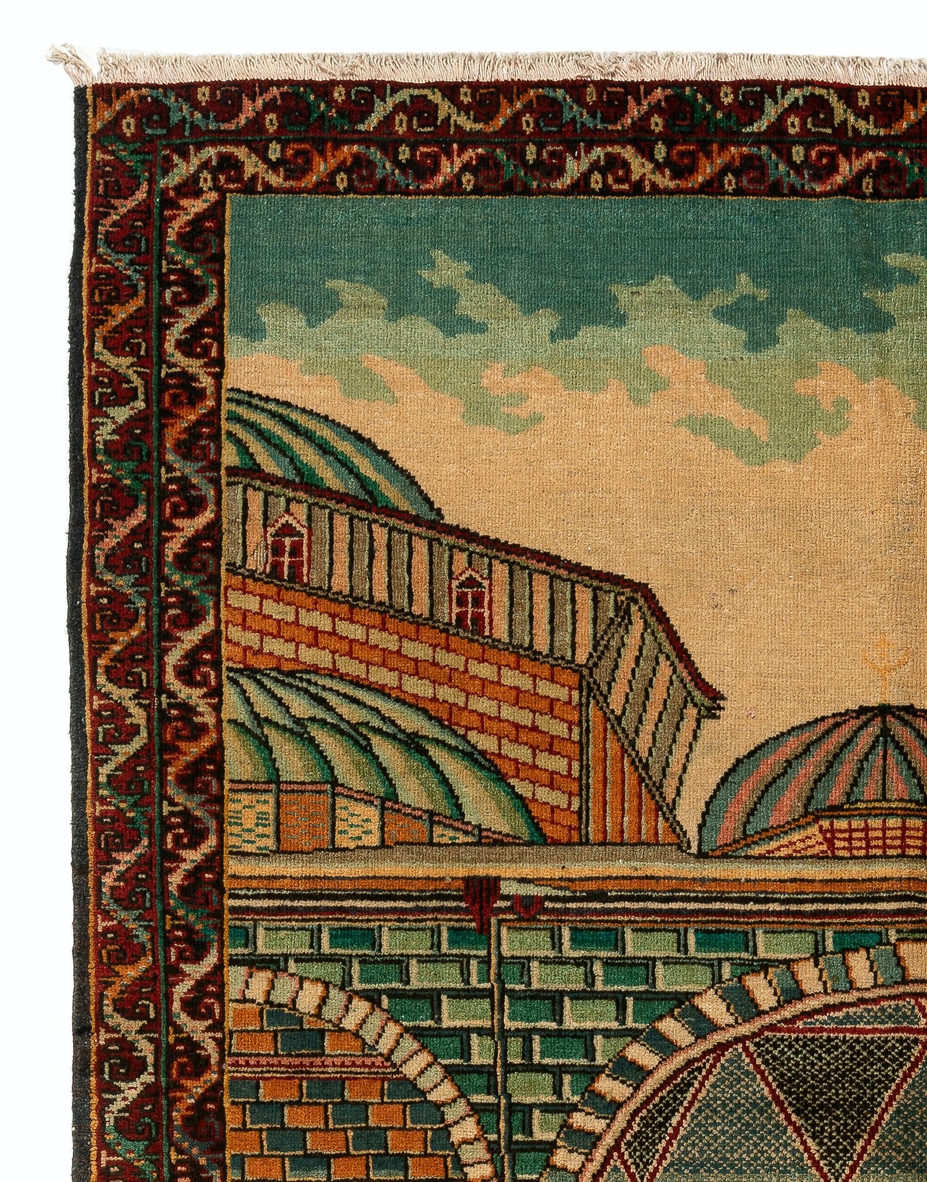 Rare pictorial 1930s Konya rug depicting the mosque and tomb of world renown 13th Century scholar and poet Mevlana “Rumi”. 4.8x6 Ft (142x183 cm). Finely hand-knotted with Wool pile on cotton foundation. Excellent original condition.
   