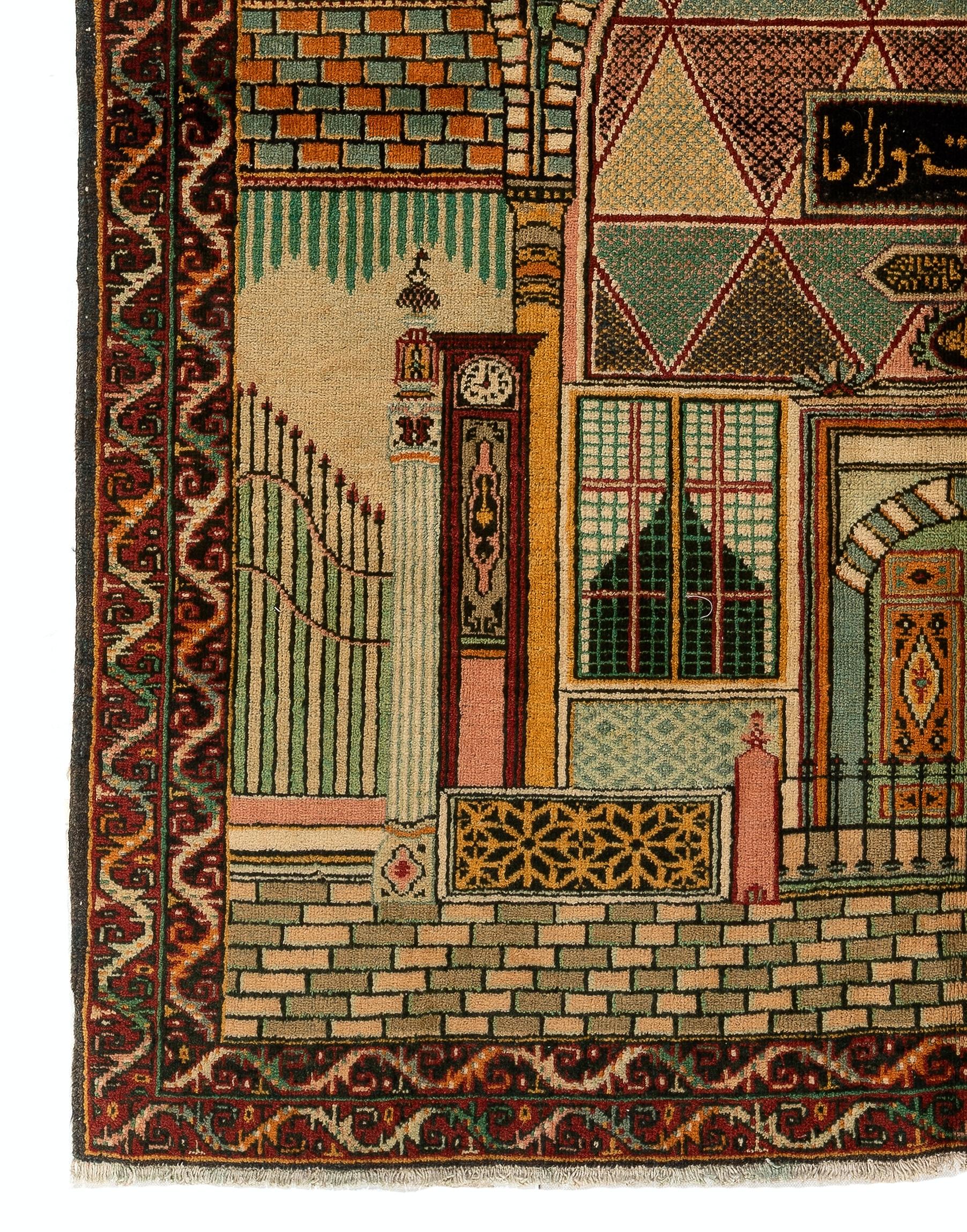Islamic 4.7x6 Ft Rare Pictorial 1930s Konya Rug Depicting Tomb of Scholar Mevlana “Rumi”