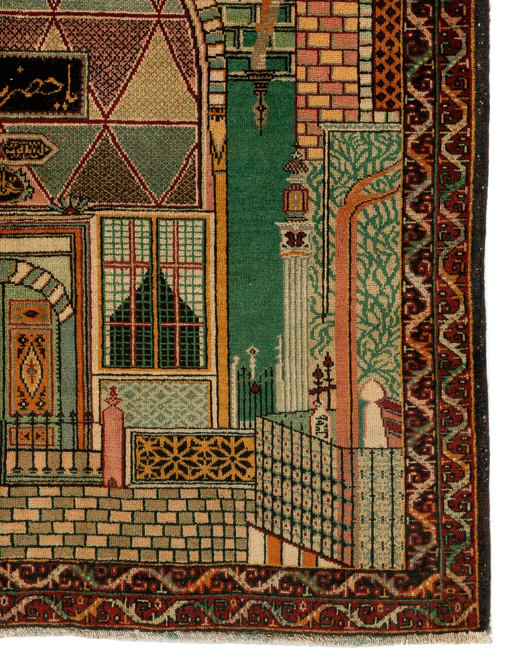Turkish 4.7x6 Ft Rare Pictorial 1930s Konya Rug Depicting Tomb of Scholar Mevlana “Rumi”