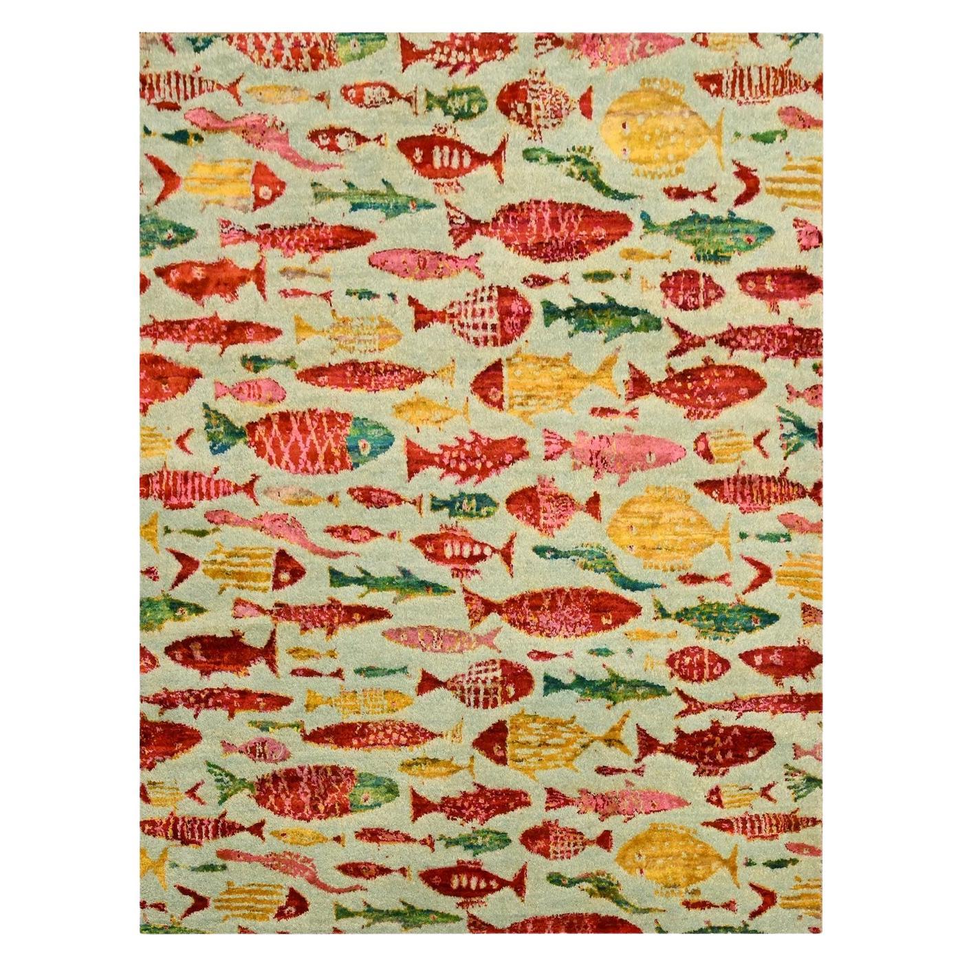 4'7 "x6'1" Alfombra Oriental Anudada a Mano de Lana y Seda con Diseño de Pez Oceánico Rojo en venta