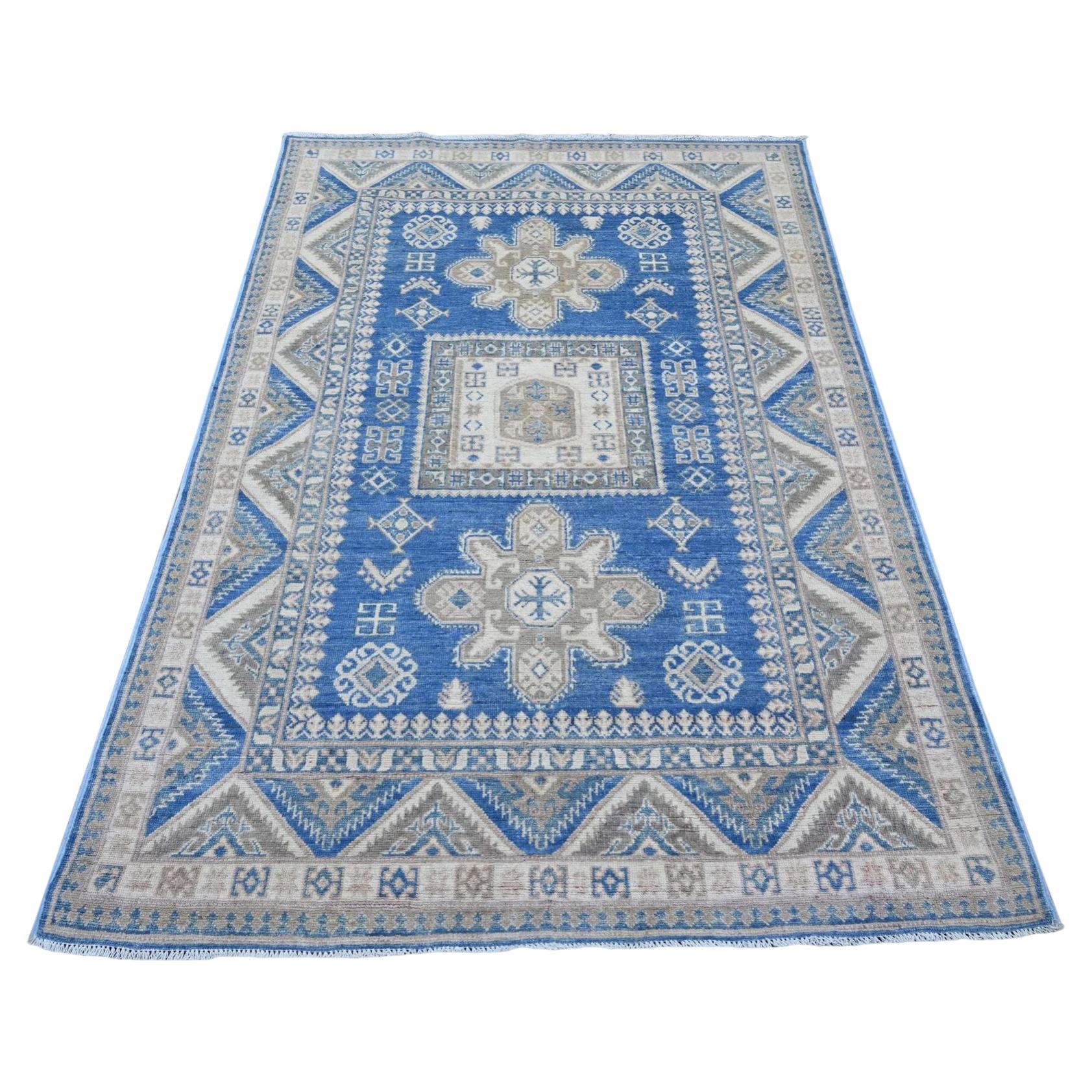 4'7"x6'6" Blue Vintage Look Kazak Geometric Medallions Hand Knotted All Wool Rug