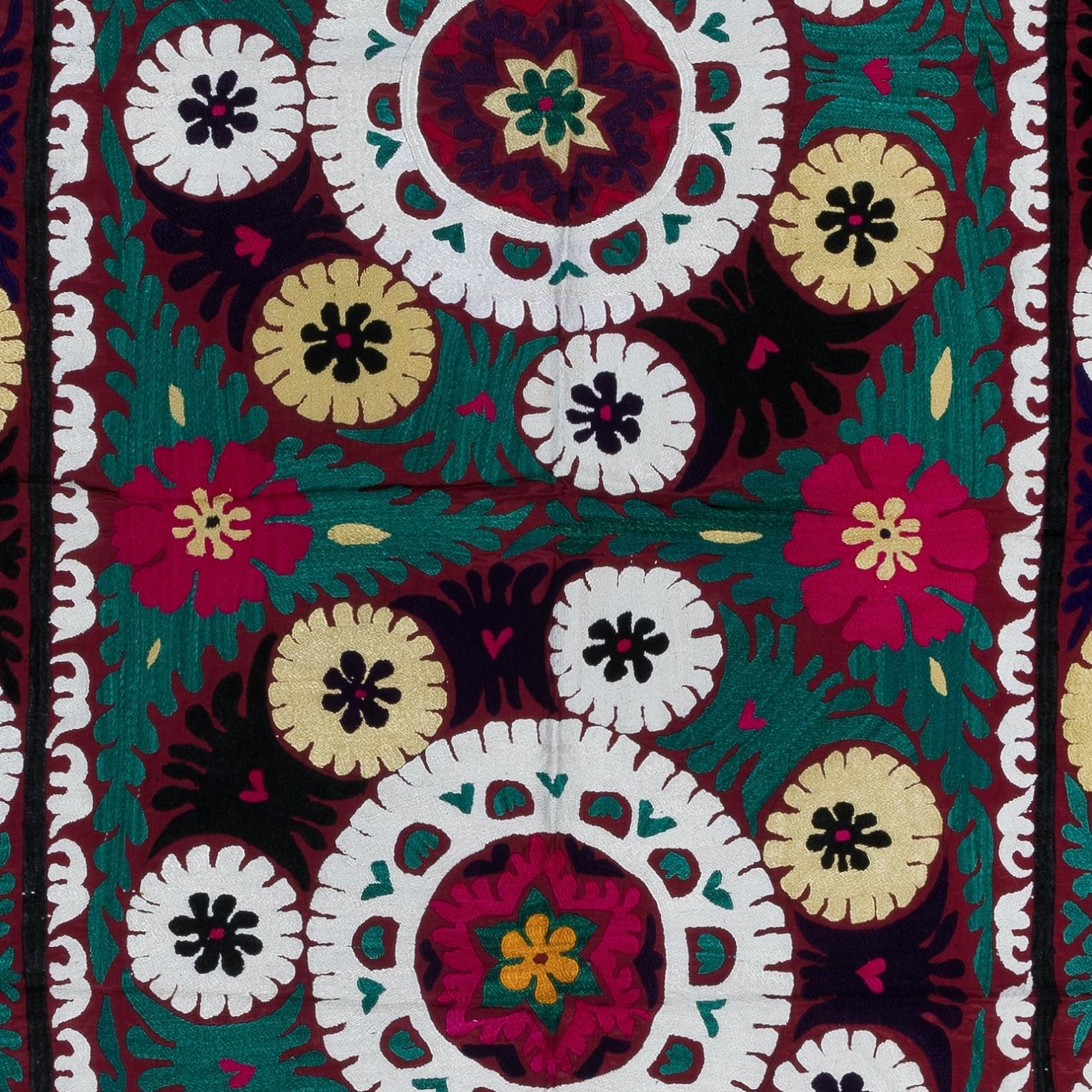 20th Century 4.7x6.7 ft Suzani Textile Silk Embroidery Wall Hanging, Colorful Uzbek Bedspread For Sale