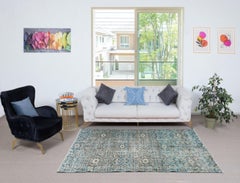 4.7x6.8 Ft Unique Vintage Handmade Area Rug with Floral Design & Blue Background