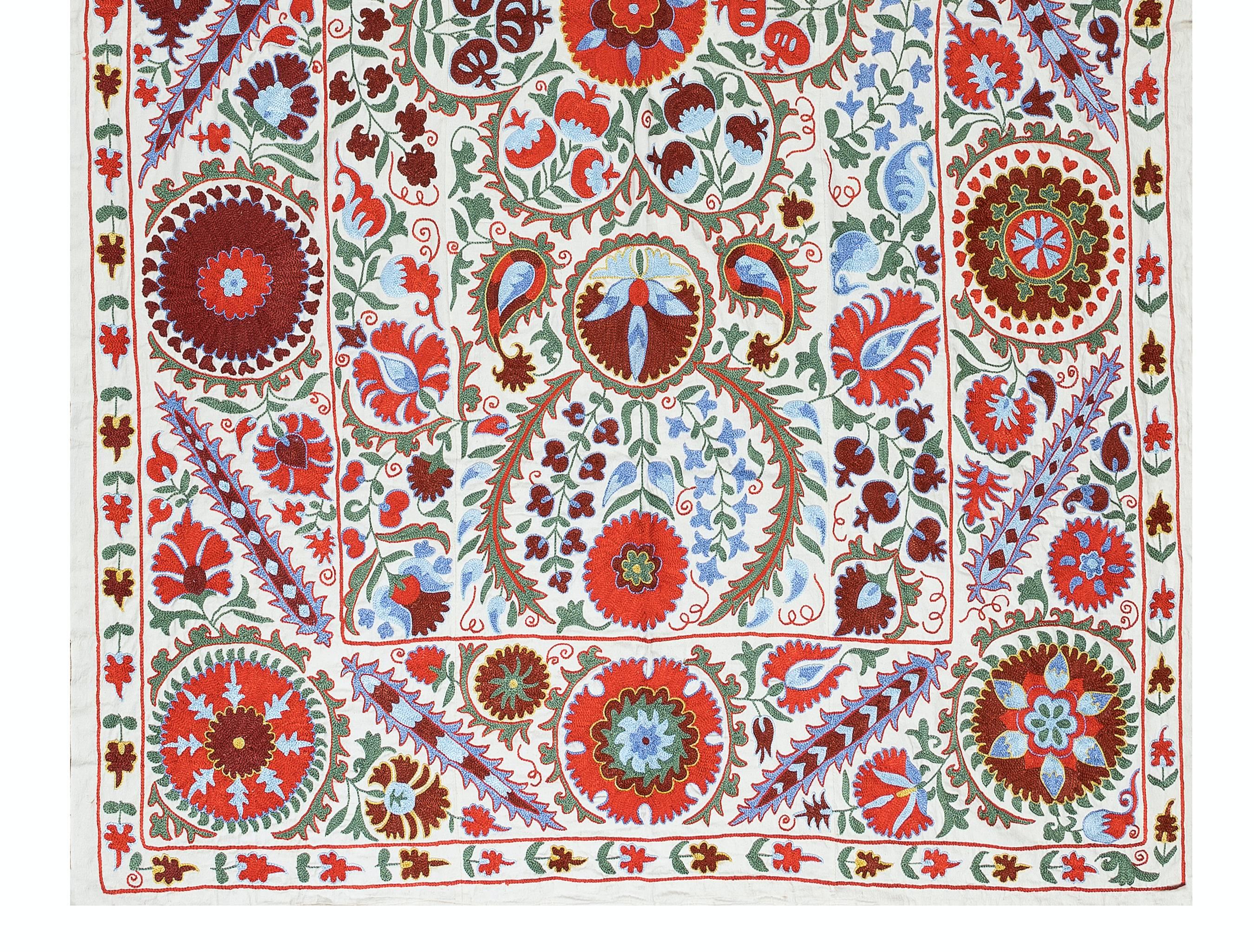 Uzbek 4.7x6.9 Ft Hand Embroidered Suzani Bed Cover, New Traditional Silk Wall Hanging For Sale
