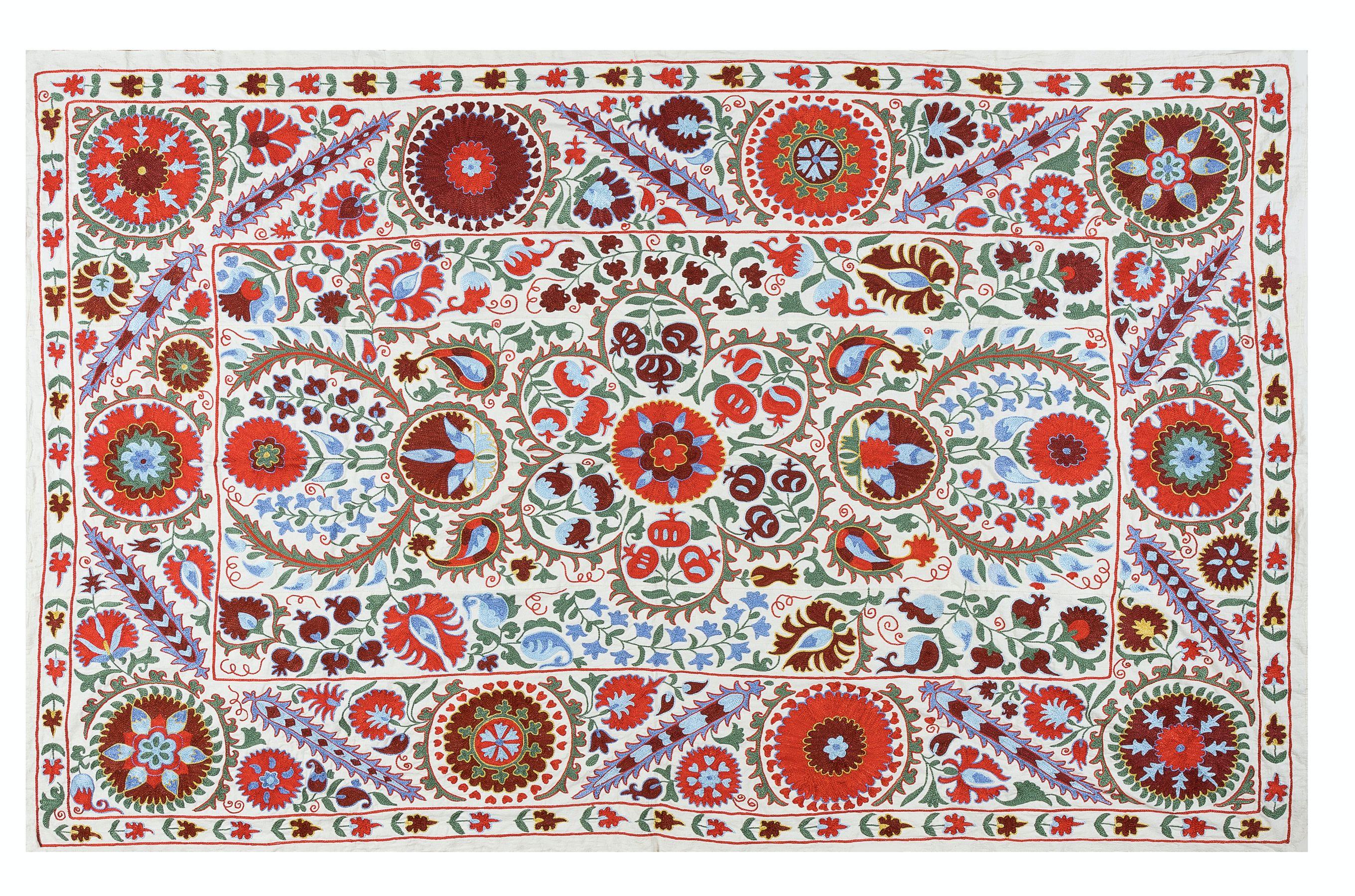 Contemporary 4.7x6.9 Ft Hand Embroidered Suzani Bed Cover, New Traditional Silk Wall Hanging For Sale