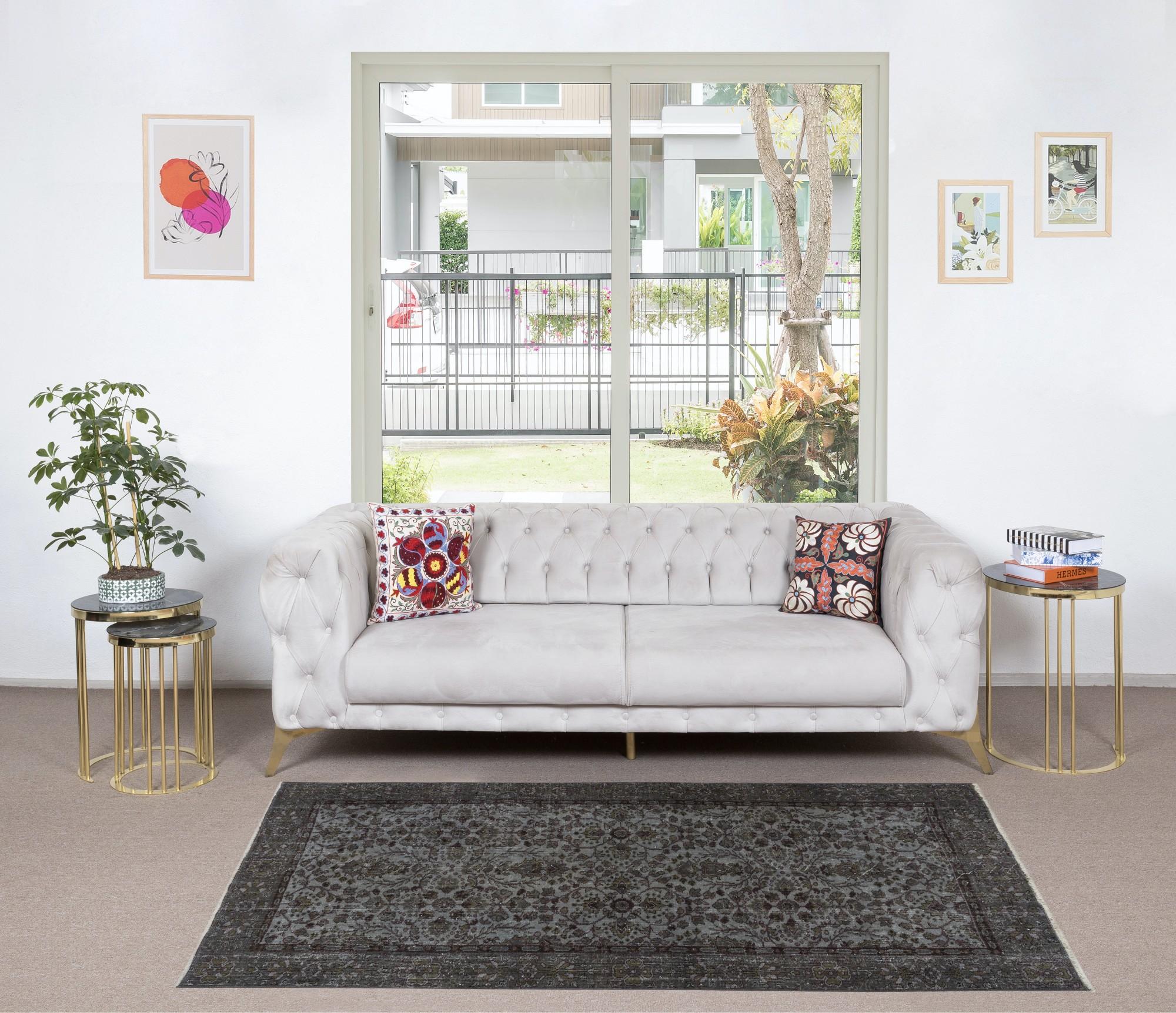 Our over-dyed rugs are all hand-knotted vintage pieces that are recreated in our workshop to cater to a wider range of interior design choices from modern to coastal, from industrial to rustic/cottage. These 50 to 70 year-old rugs were hand-knotted