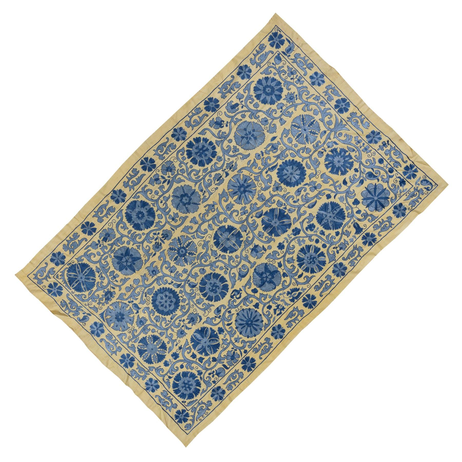 Decorative Uzbek Suzani Textile, Embroidered Cotton & Silk Wall Hanging For Sale 1