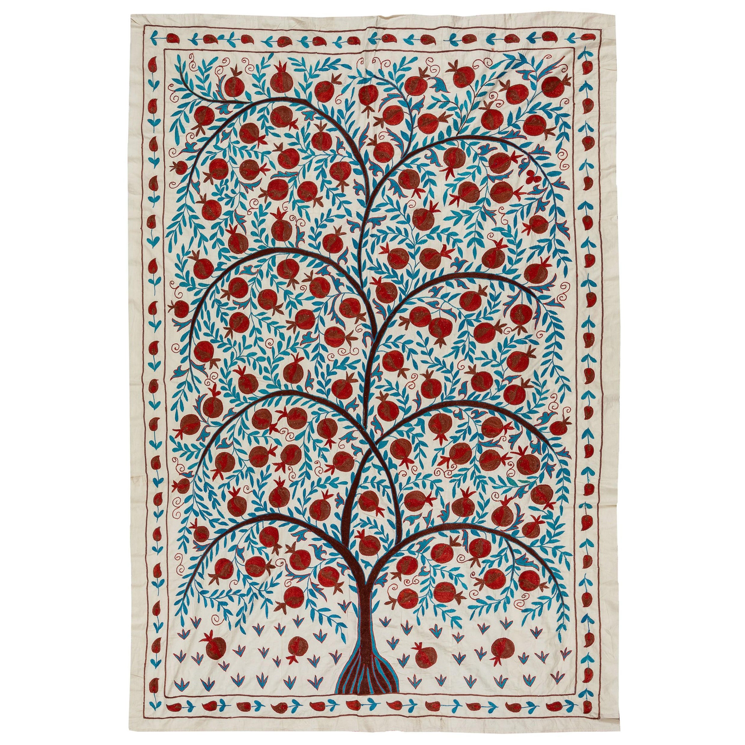 4.7x7 ft Pomegranate Tree Design Suzani Wall Hanging. Silk Embroidery Bedspread