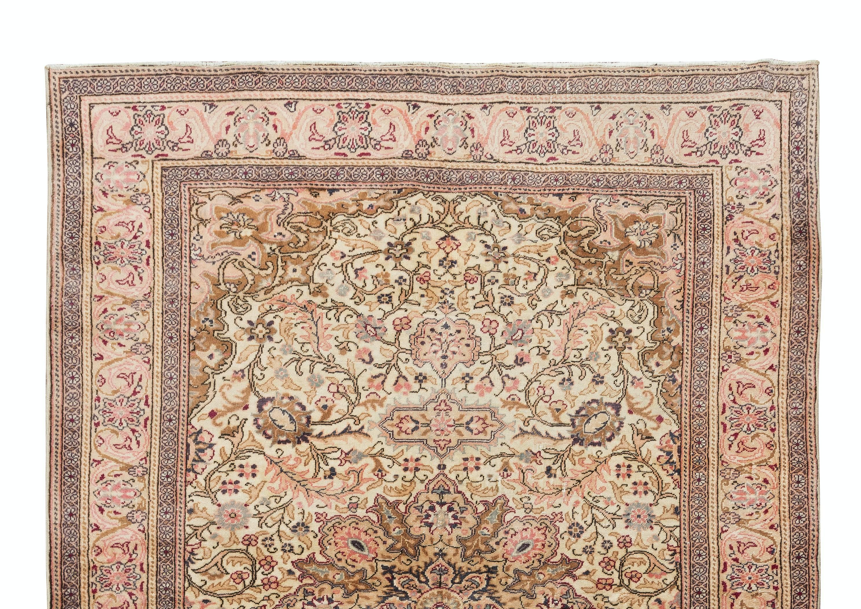 Hand-Knotted 4.7x7 Ft Room Size Hand Knotted Turkish 1960's Rug, Vintaga Floral Carpet For Sale