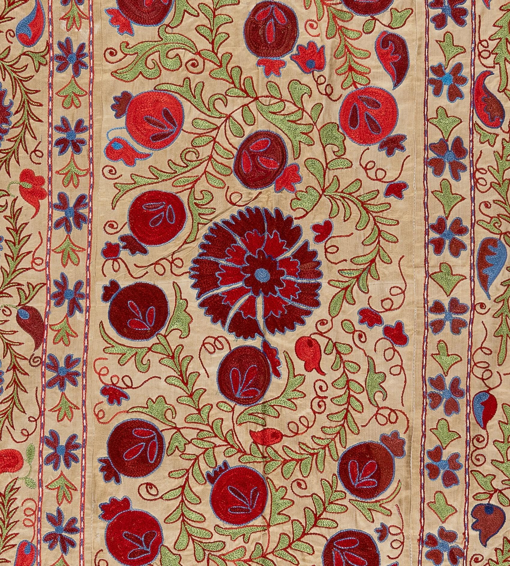 Uzbek New Home Decor Bedspread, Embroidered Tablecloth, Silk Wall Hanging. 4.7x7 ft For Sale