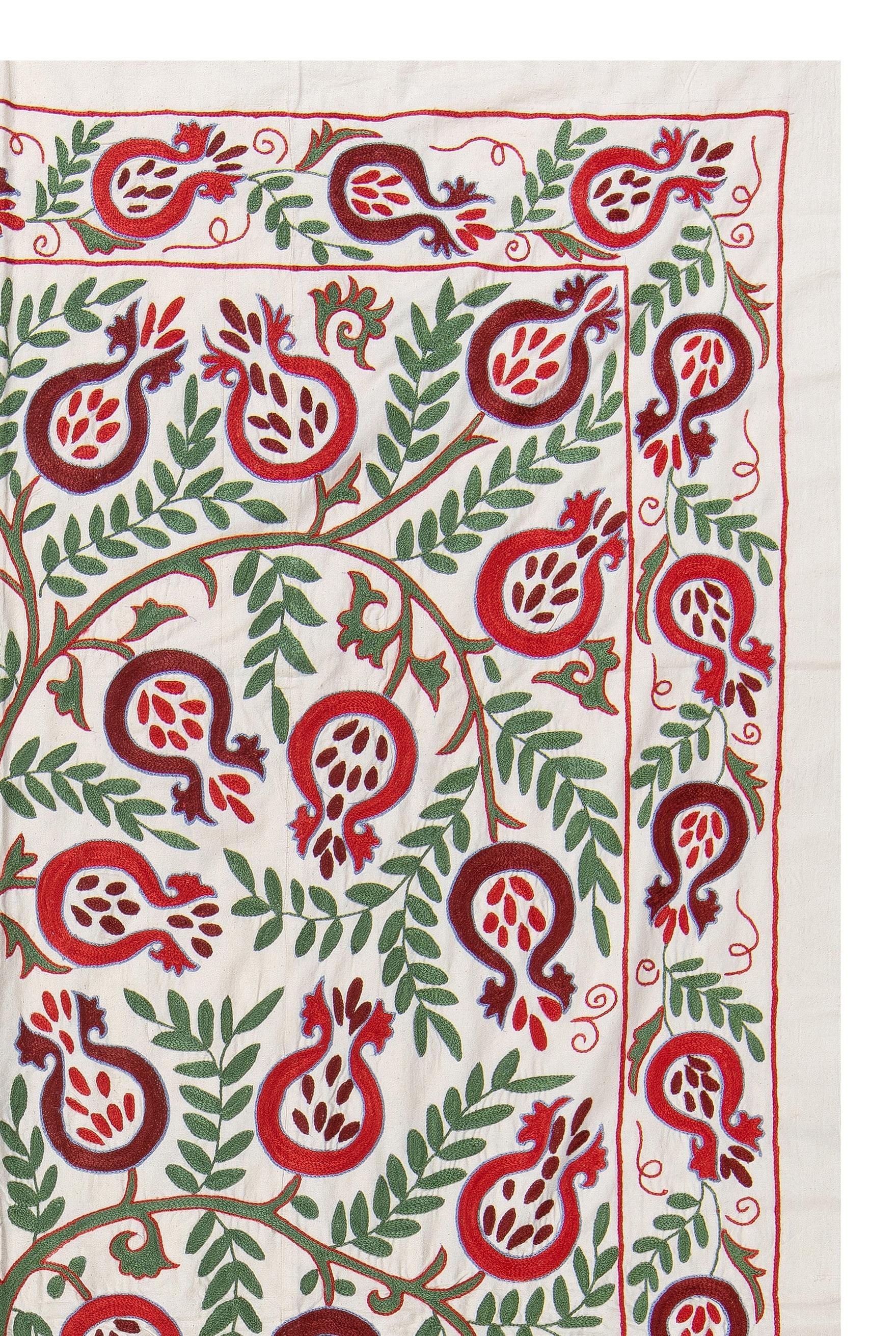 Uzbek 4.7x7 Ft Silk Suzani Pomegranate Tree Design Wall Hanging, Embroidered Bedspread