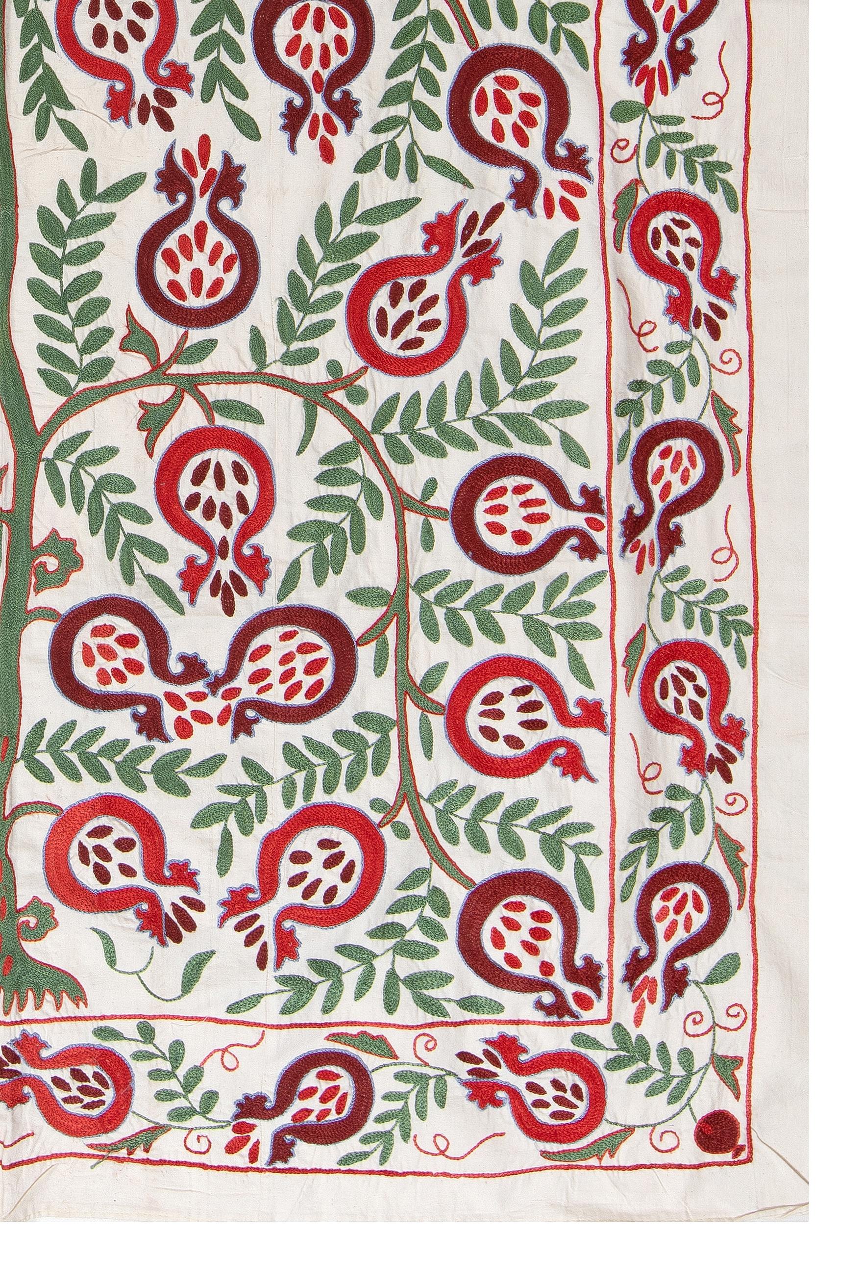 Cotton 4.7x7 Ft Silk Suzani Pomegranate Tree Design Wall Hanging, Embroidered Bedspread