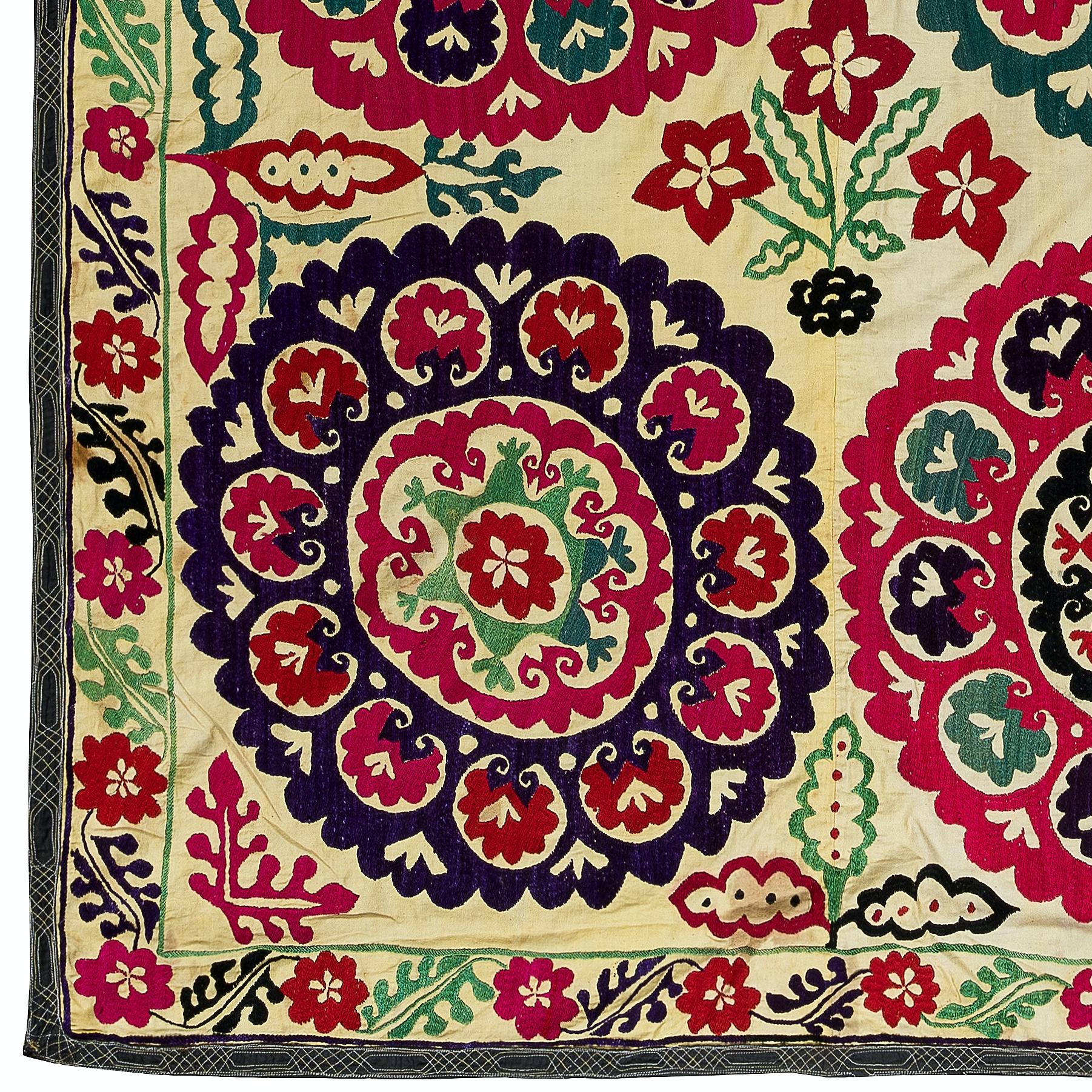 Suzani, a Central Asian term for a specific type of needlework, is also the broader name for the hugely popular decorative pieces of textile that feature this needlework in vivid colors with bold, expressive floral and botanical designs, natural