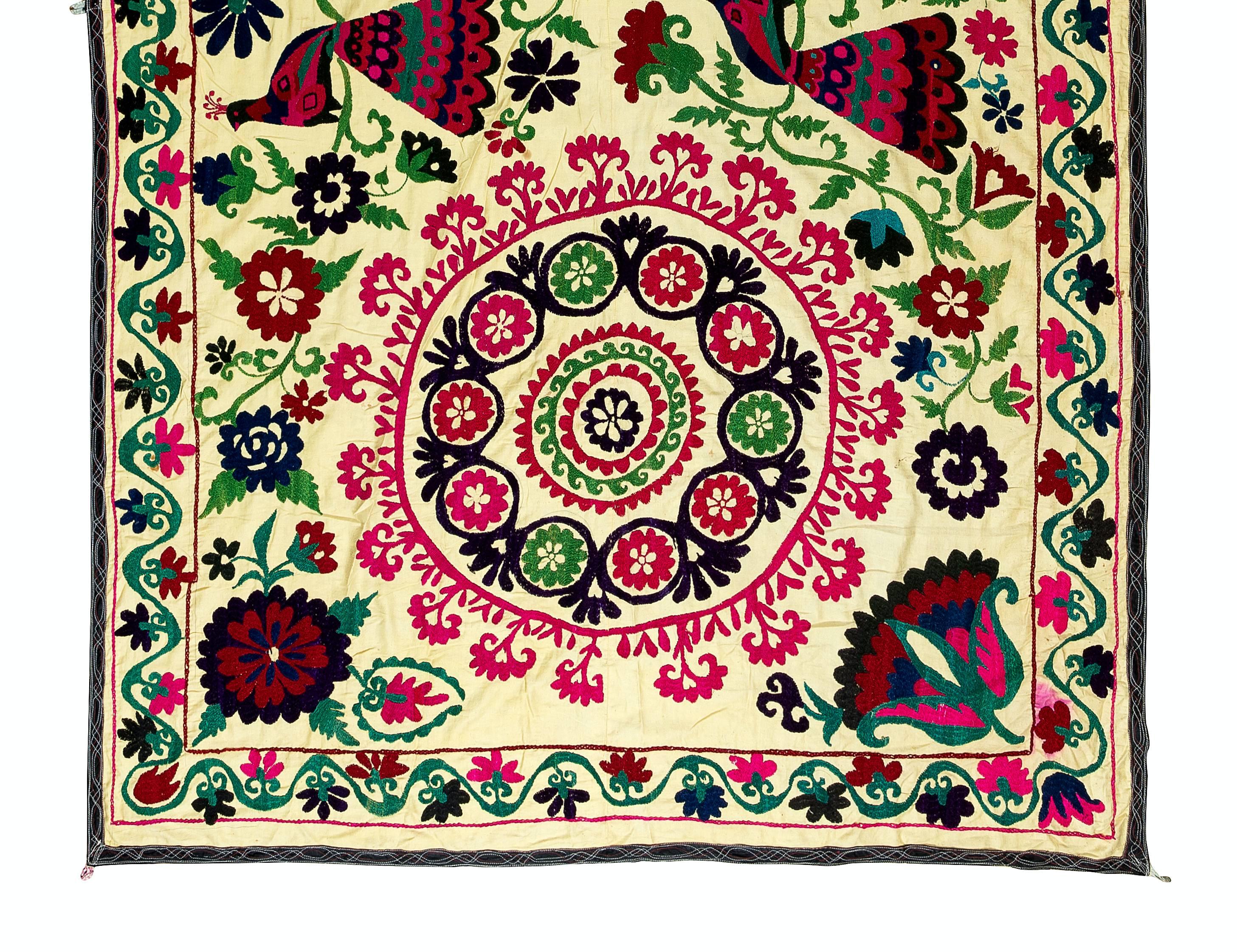 Embroidered 4.7x7.4 Ft Uzbek Silk Hand Embroidery Suzani Bed Cover, Vintage Wall Hanging For Sale
