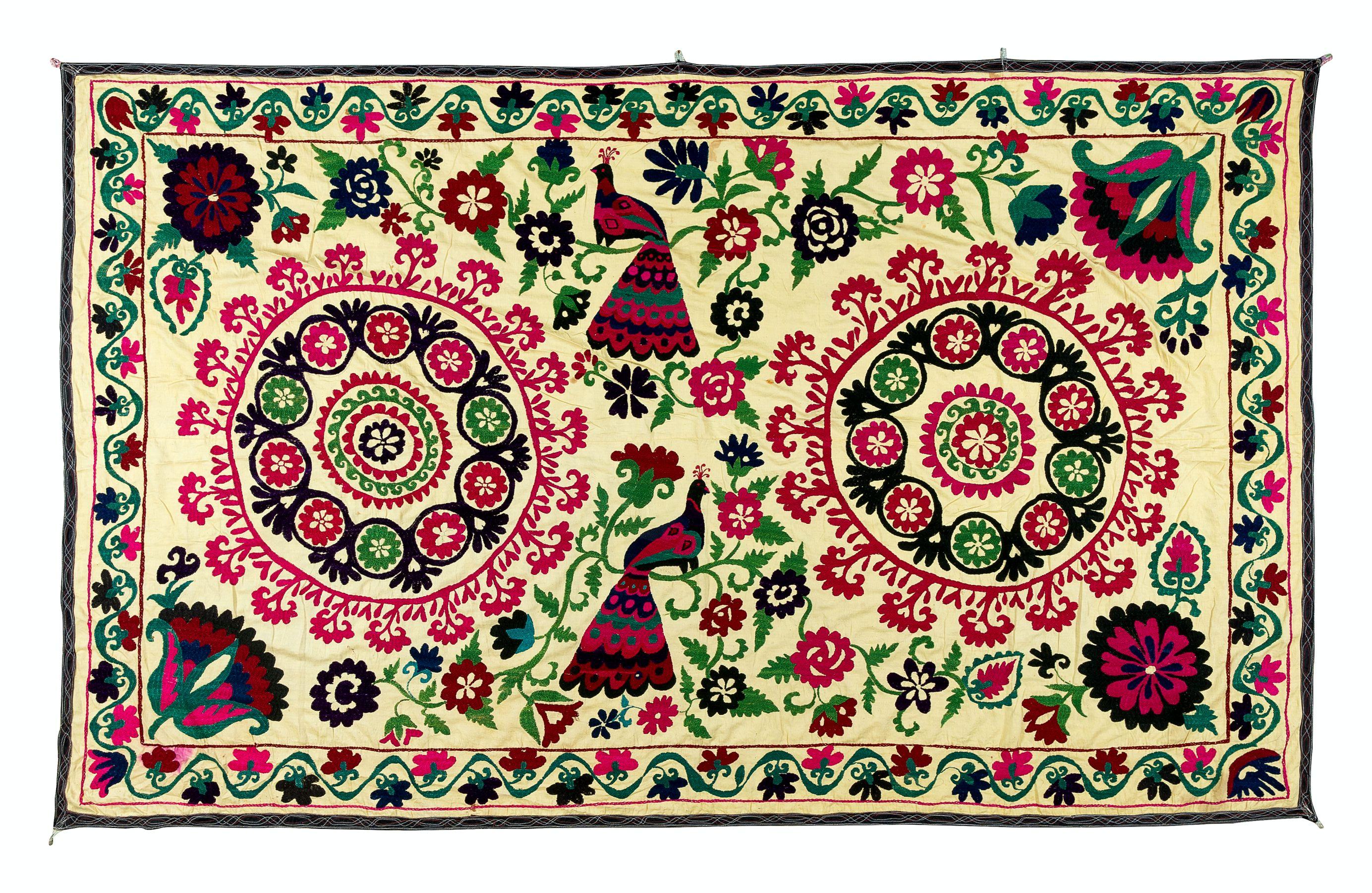 20th Century 4.7x7.4 Ft Uzbek Silk Hand Embroidery Suzani Bed Cover, Vintage Wall Hanging For Sale