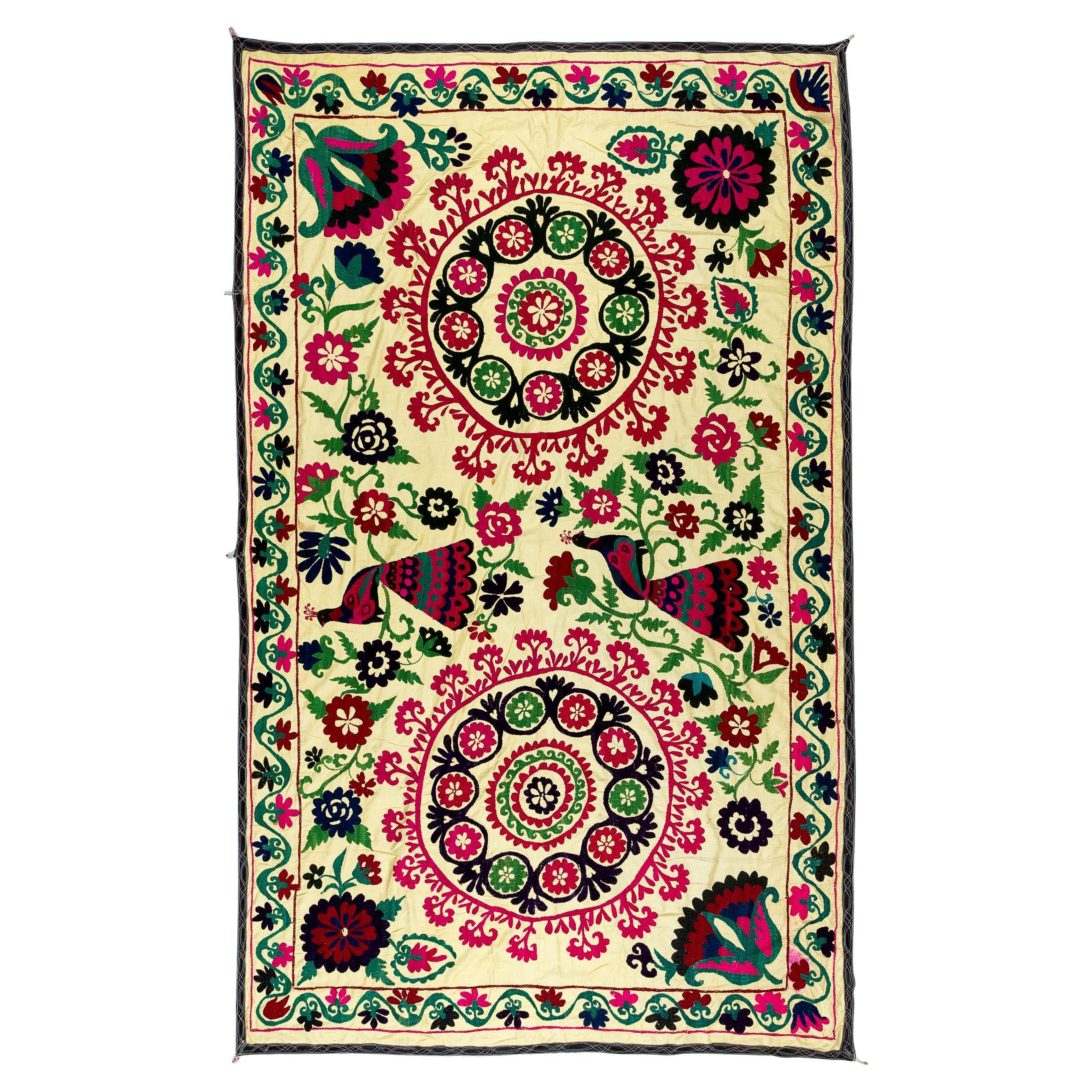 4.7x7.4 Ft Uzbek Silk Hand Embroidery Suzani Bed Cover, Vintage Wall Hanging