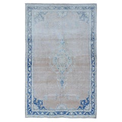4'7"x7'6" Pink, Worn Wool, Hand Knotted, White Wash Vintage Kerman, Rug