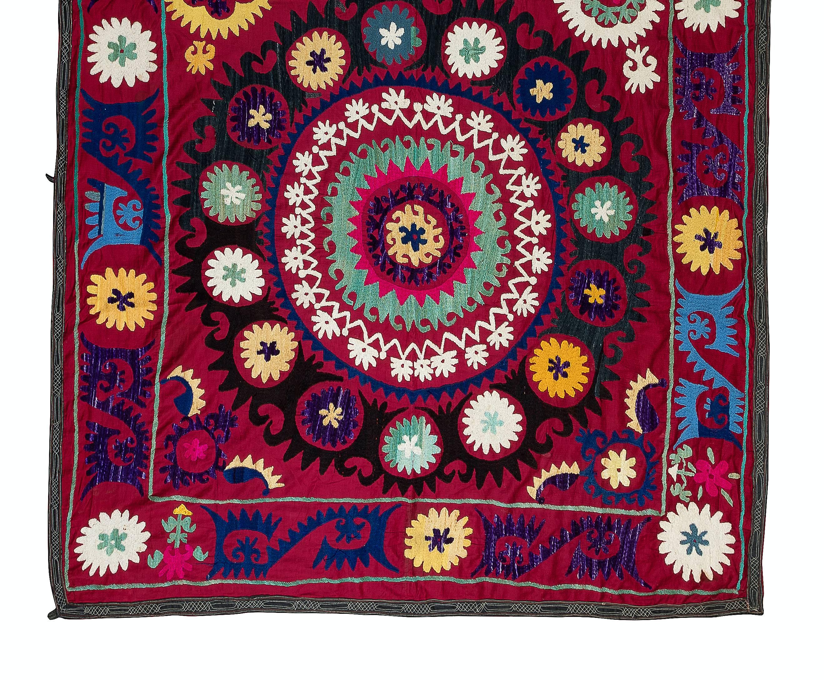Embroidered 1970s Uzbek Silk Embroidery Wall Hanging, Red Suzani Fabric Bedspread For Sale