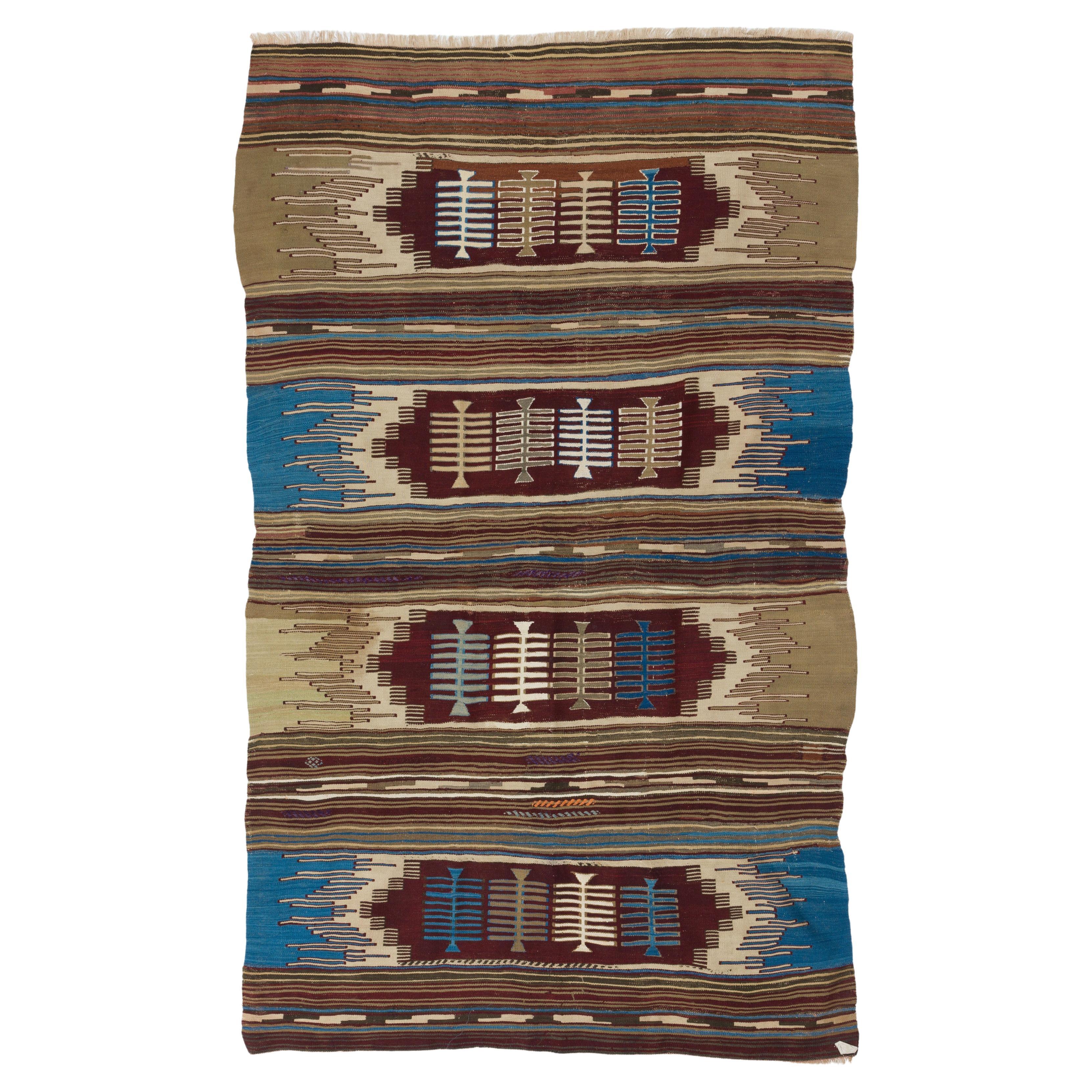 Tapis Kilim turc vintage nomade Revêtement de sol en laine unique en son genre, 4,7 x 7,7 pieds