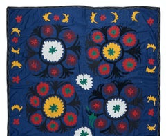 4.7x7.7 ft Vintage Embroidered Cotton Bed Cover. Navy Blue Suzani Wall Hanging