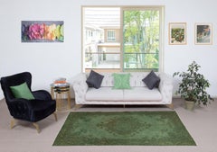 4.7x8 Ft Hand-knotted Vintage Turkish Rug Overdyed in Green for Modern Interiors
