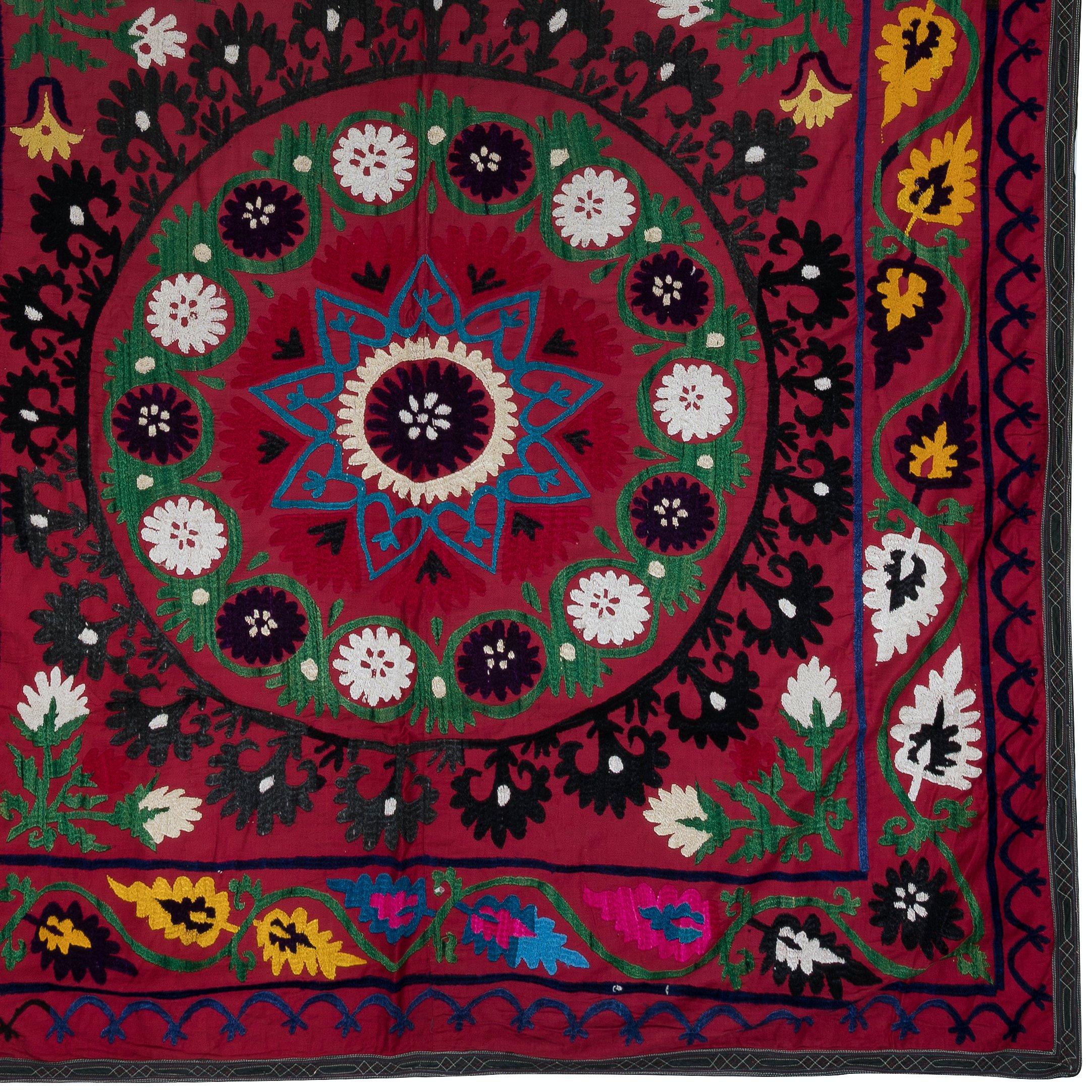 Uzbek 4.7x8.2 ft Vintage Silk Embroidered Wall Hanging, Red Handmade Suzani Bed Cover For Sale