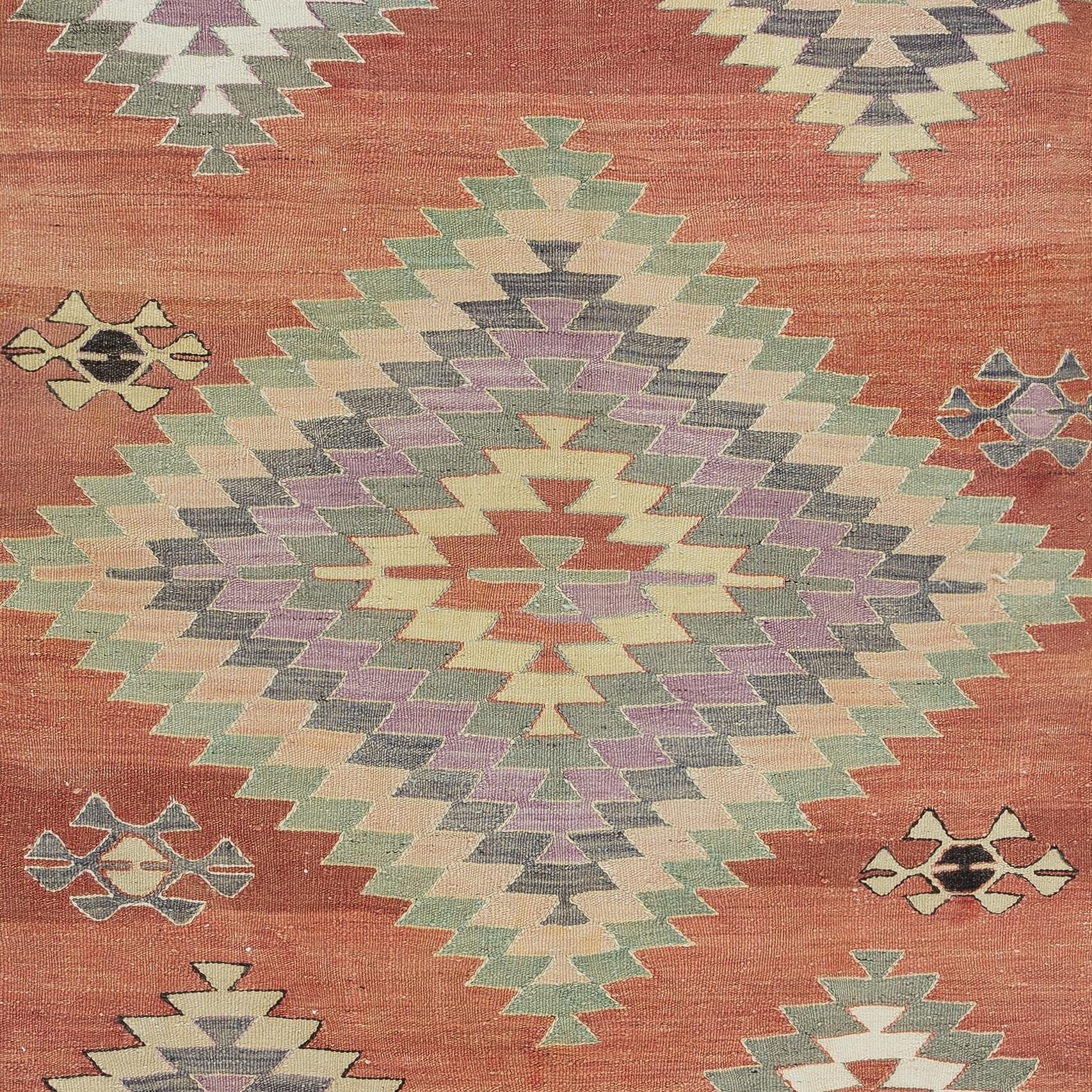 4.7x8.7 Ft Colorful Geometric Hand Woven Turkish Kilim, Flat-Weave Red Wool Rug In Good Condition For Sale In Philadelphia, PA