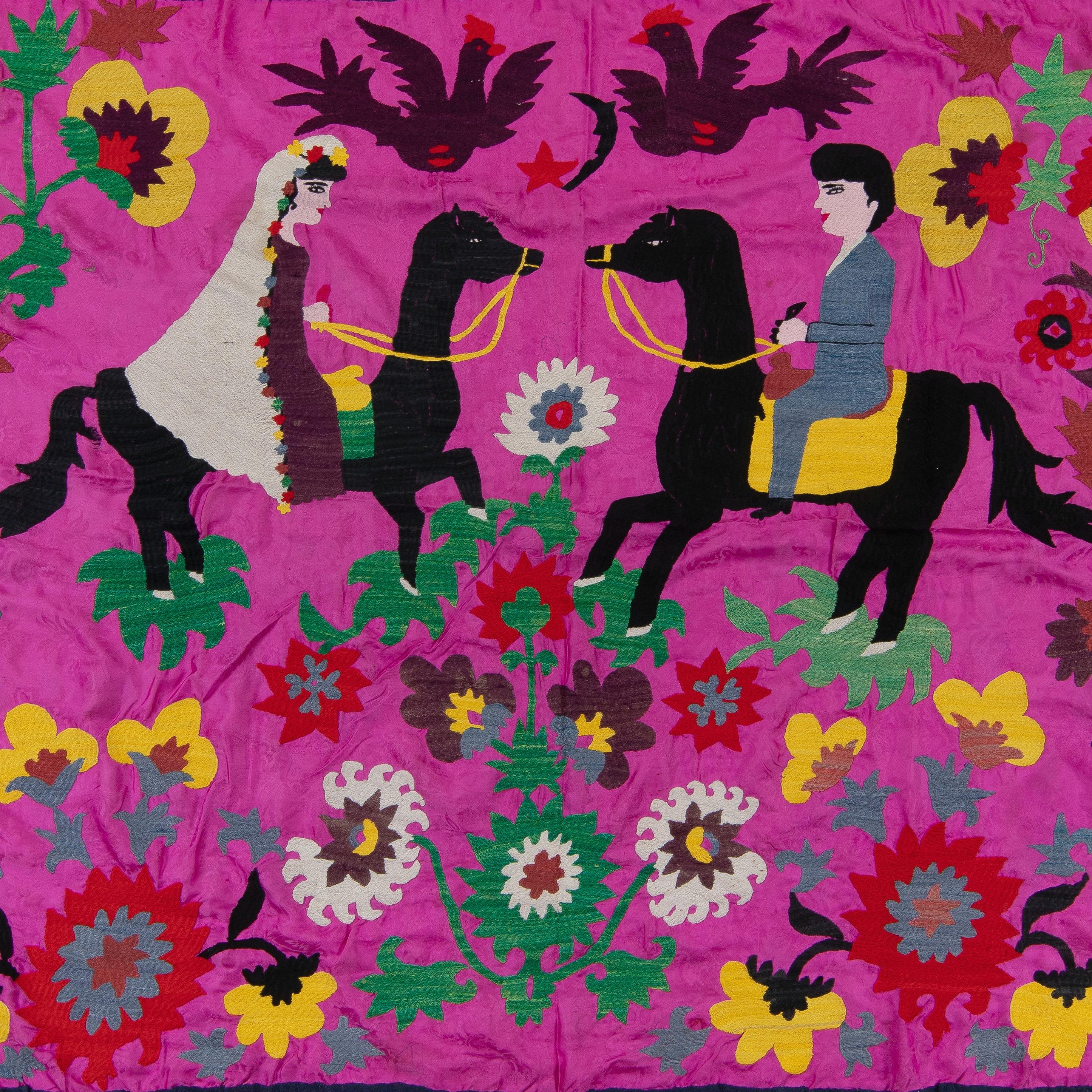 4,7x9 Ft Wandbehang aus Seide mit Stickerei, asiatische Suzani-Tischbezug, rosa Bettweide (Usbekisch) im Angebot