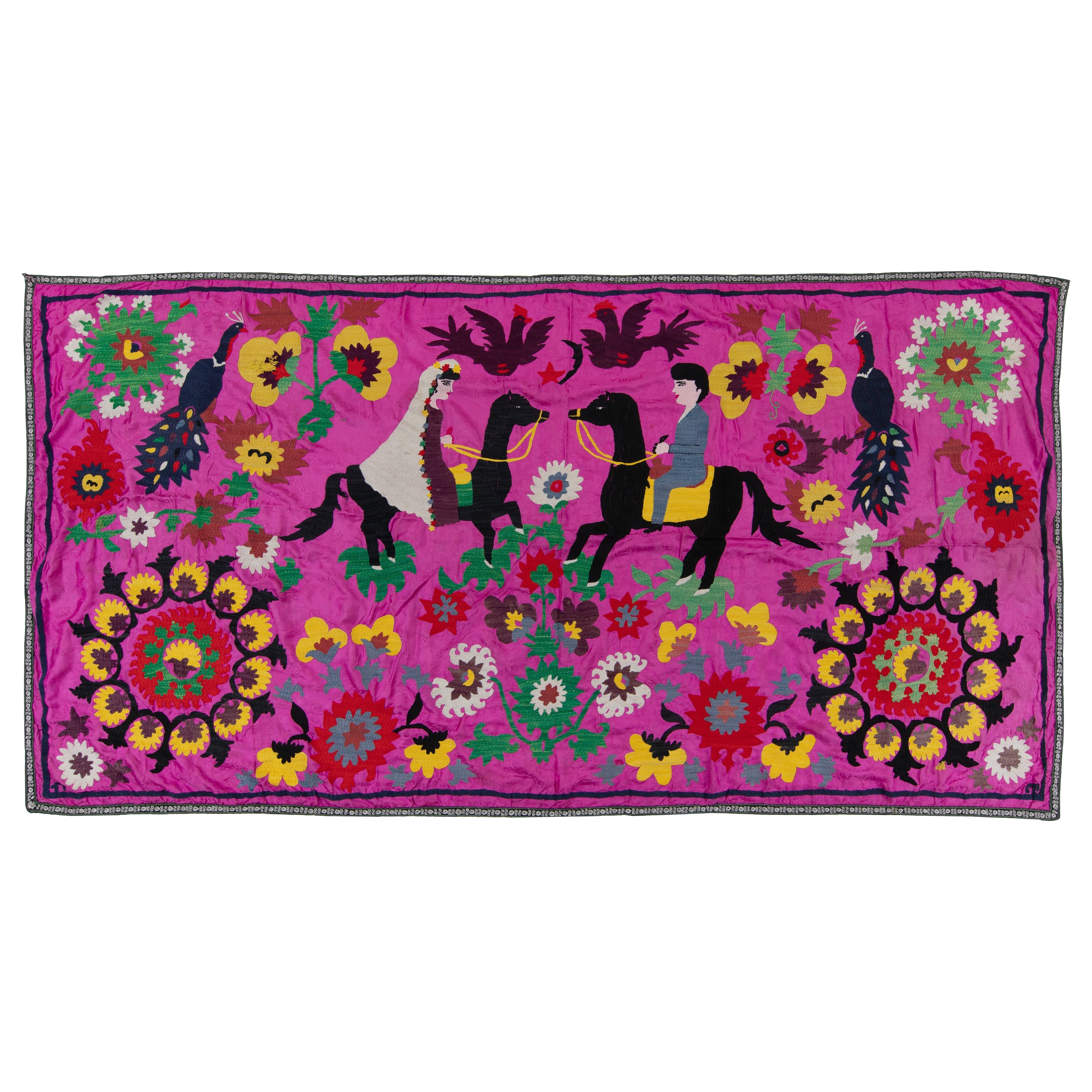 4.7x9 Ft Tenture murale en broderie de soie de couleur rose, Tapisserie Picturale Vintage