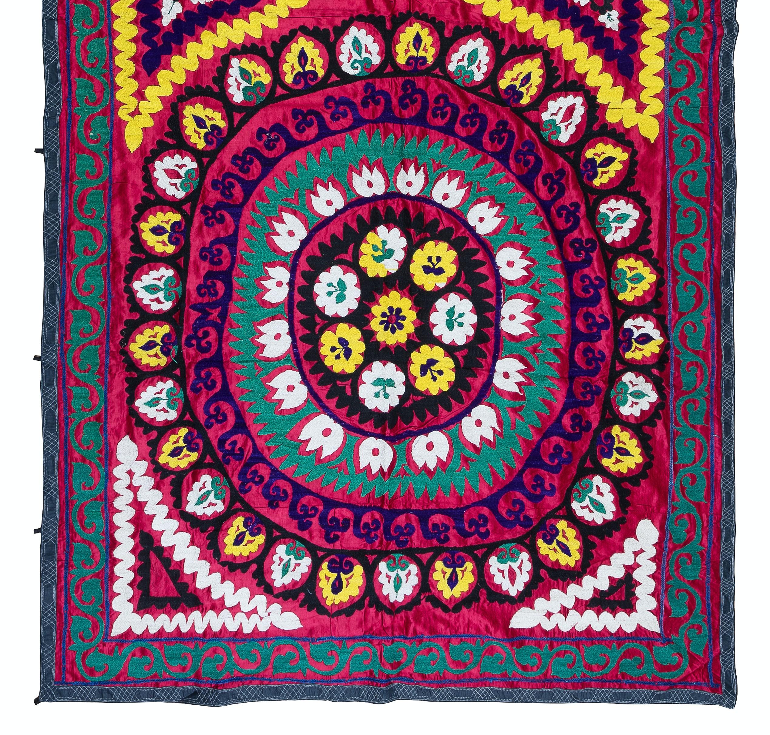 Uzbek 4.7x9.6 ft Vintage Suzani Fabric Wall Hanging, Hand Embroidered Cotton Bed Cover