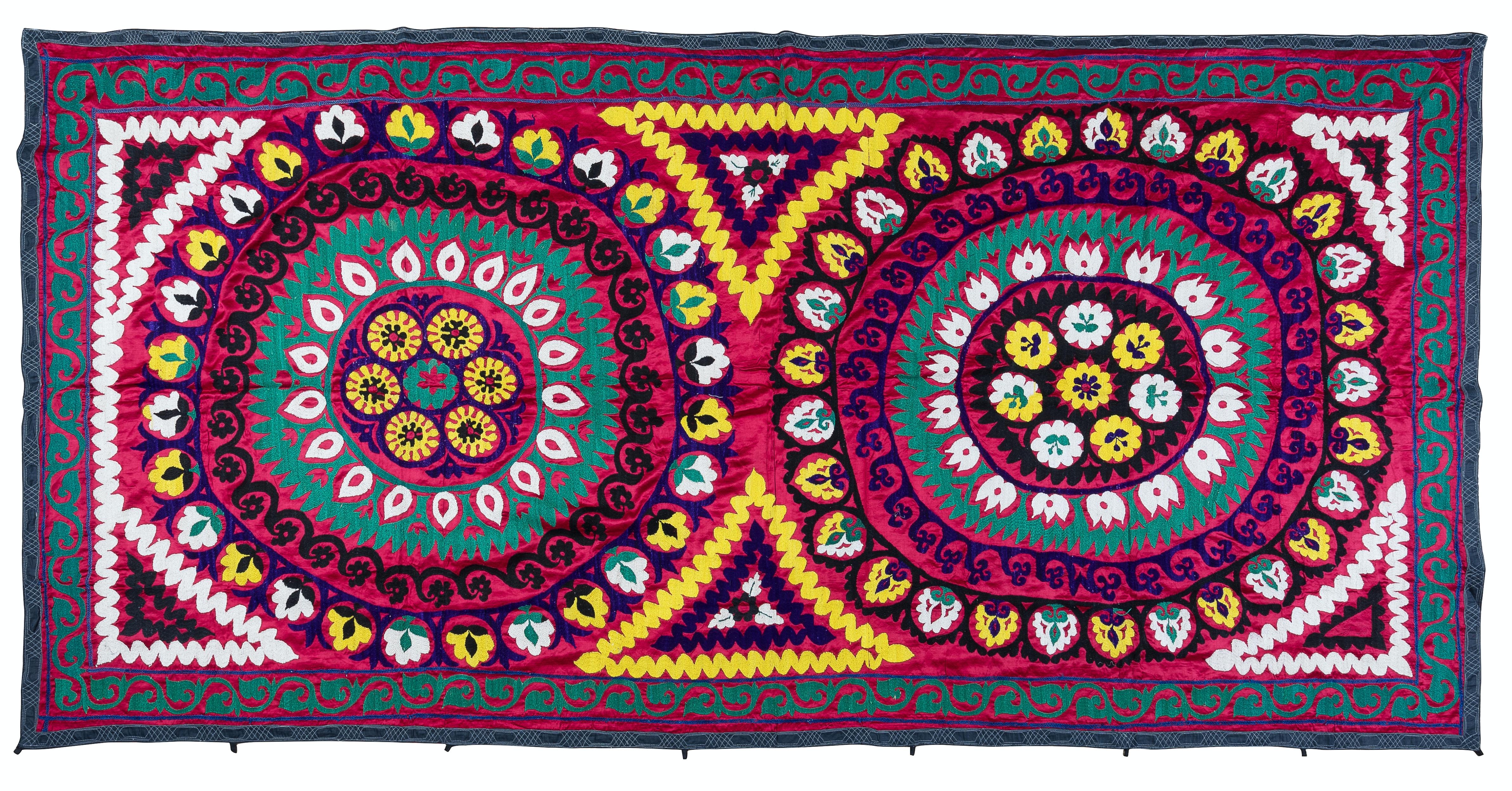 20th Century 4.7x9.6 ft Vintage Suzani Fabric Wall Hanging, Hand Embroidered Cotton Bed Cover