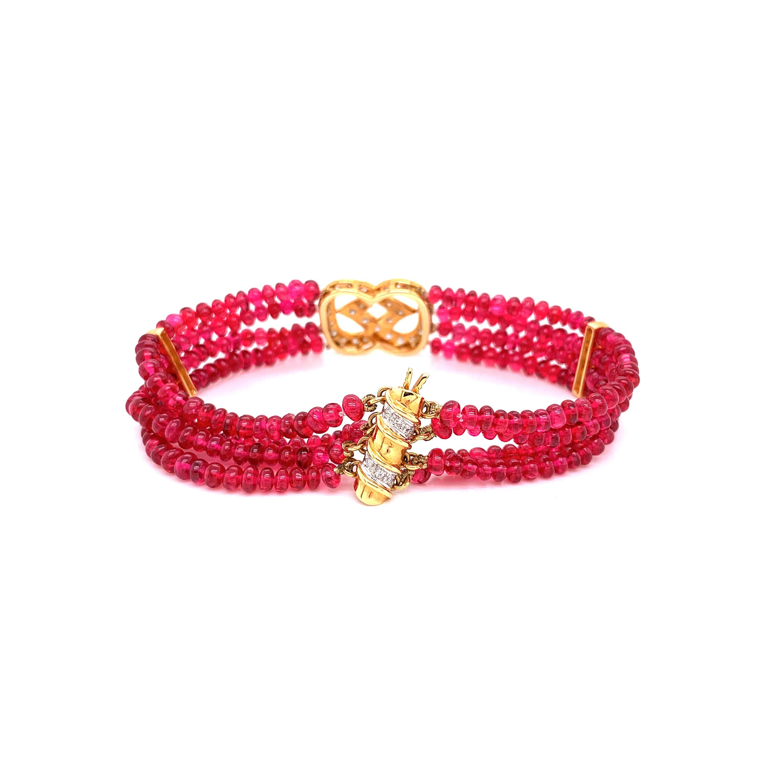 Contemporary 48 Carat Burmese Red Spinel Beads and White Diamond Gold Bracelet For Sale