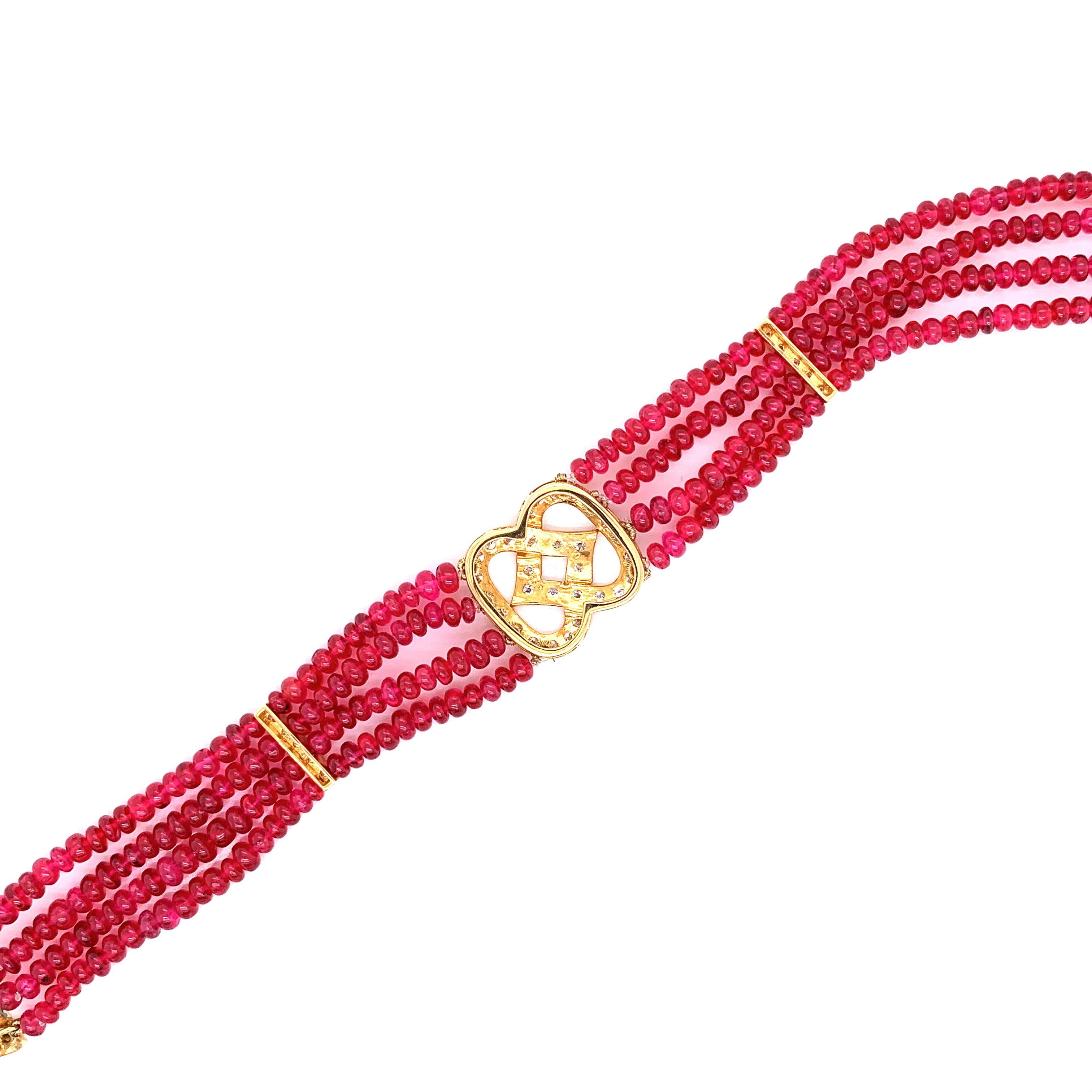 Contemporary 48 Carat Burmese Red Spinel Beads and White Diamond Gold Bracelet For Sale