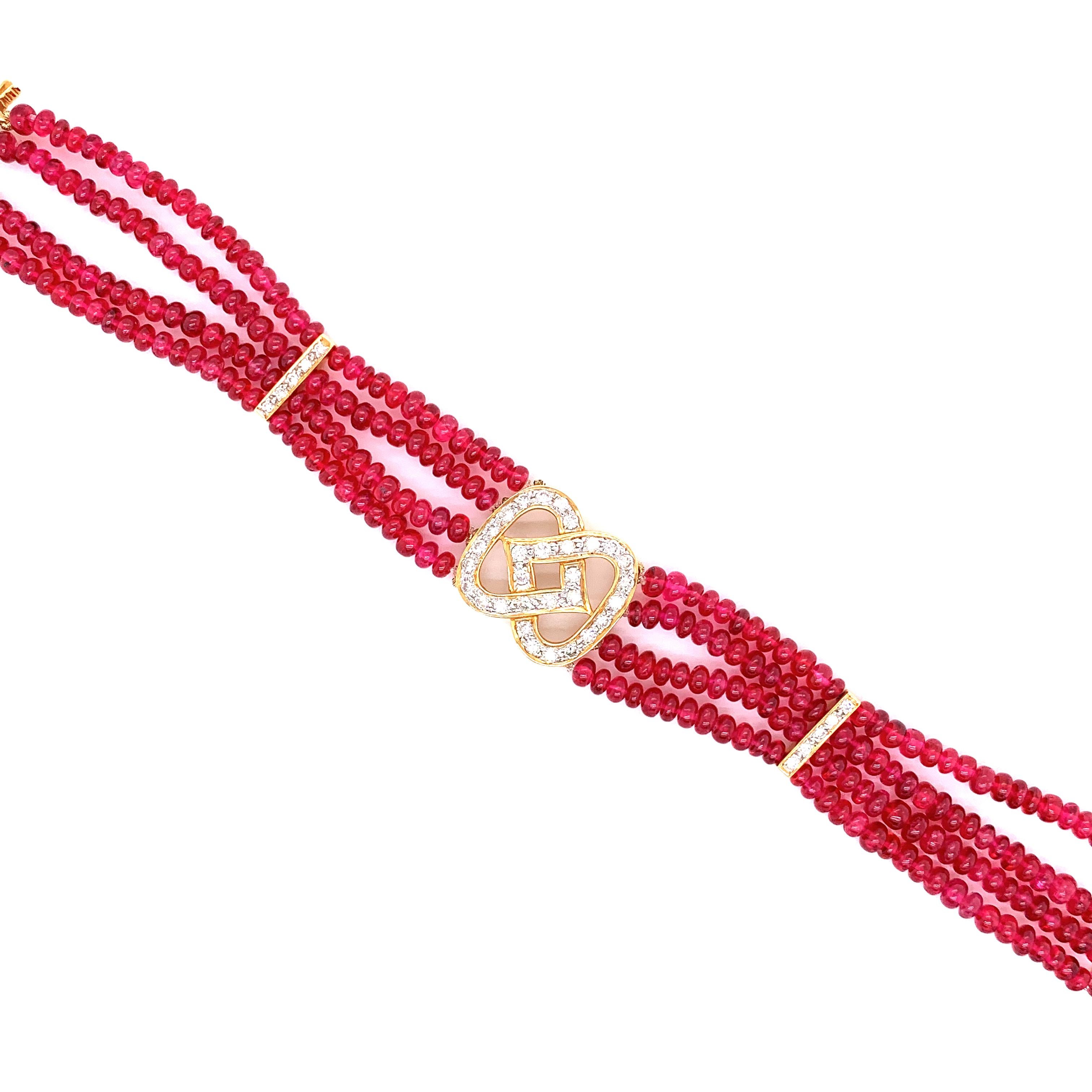 Women's 48 Carat Burmese Red Spinel Beads and White Diamond Gold Bracelet For Sale