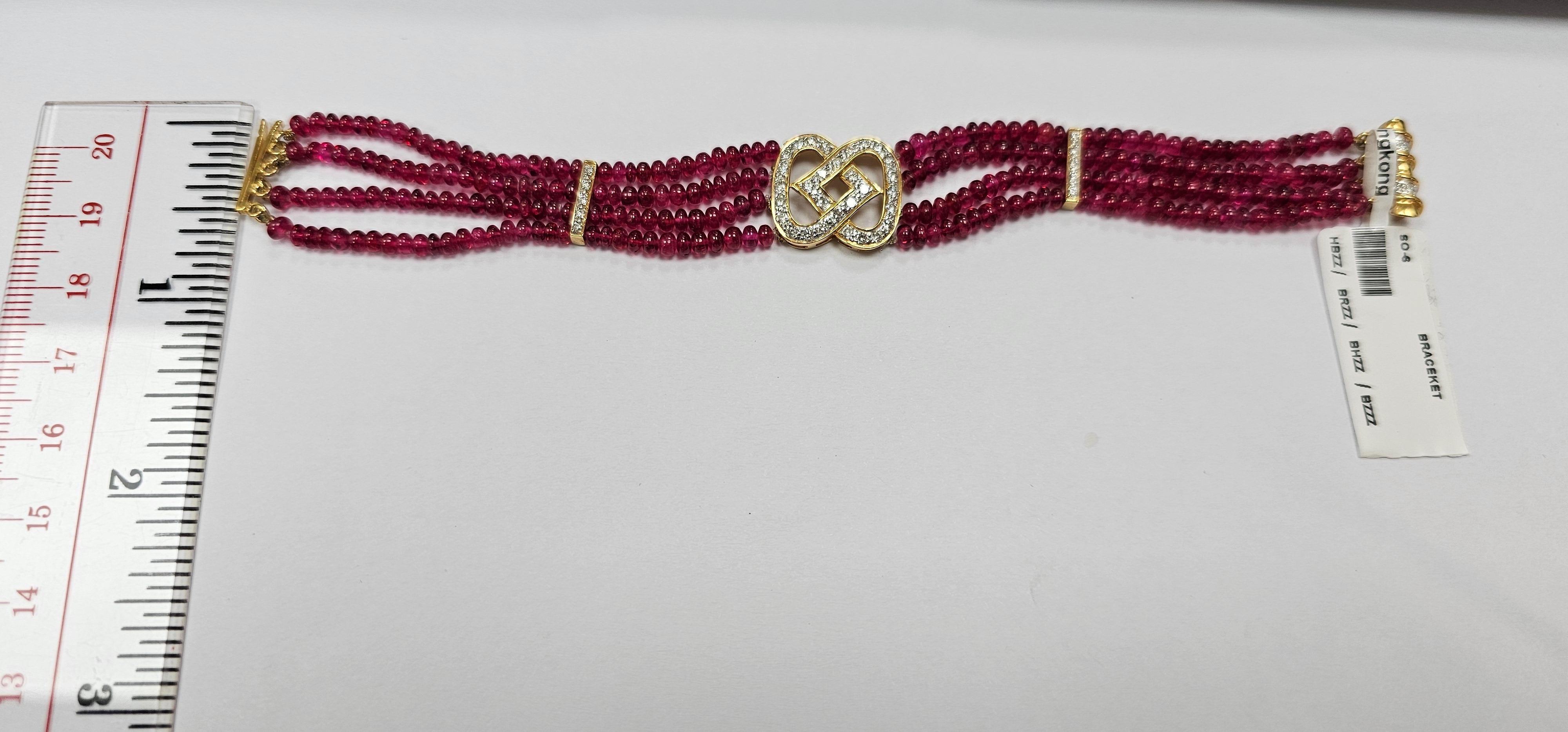 48 Carat Burmese Red Spinel Beads and White Diamond Gold Bracelet For Sale 1