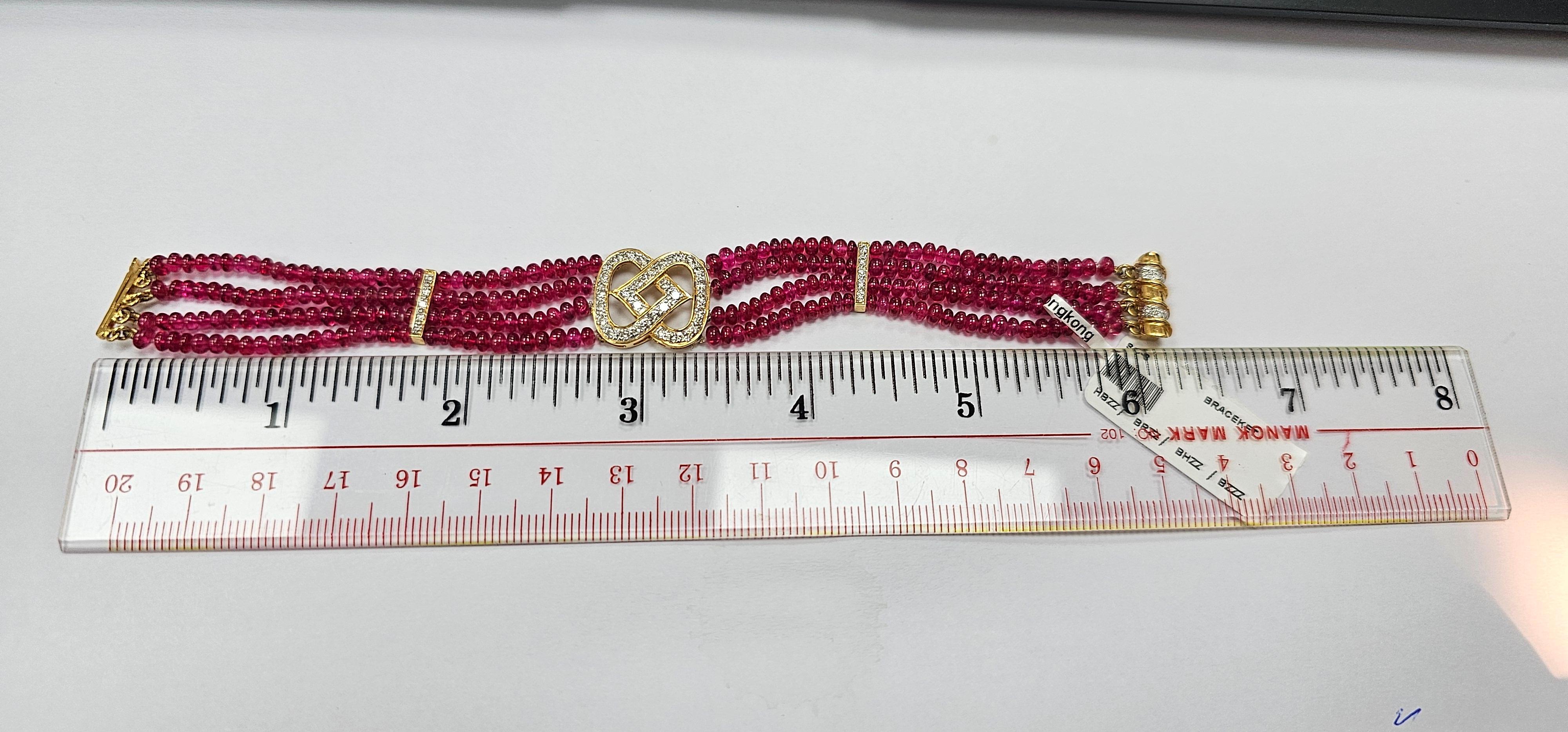 48 Carat Burmese Red Spinel Beads and White Diamond Gold Bracelet For Sale 2