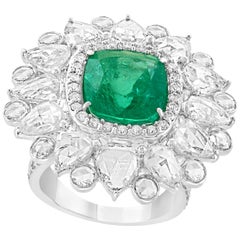4.8 Carat Emerald Cut Colombian Emerald Rose Cut Diamond 18 Karat Gold Ring