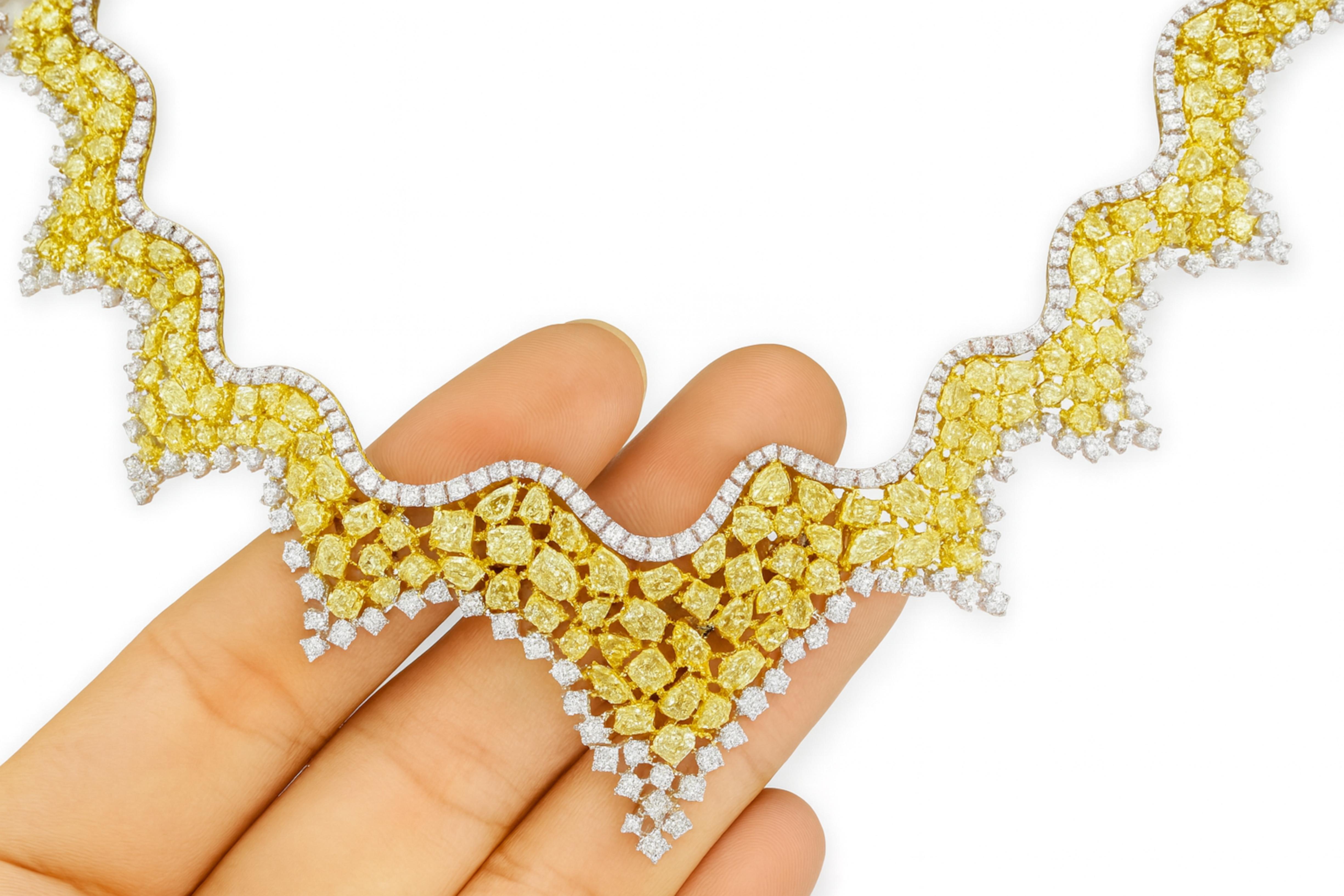 Radiant Cut 48 Carat Natural Fancy Yellow Canary Diamond Art Deco Cluster Collar Necklace For Sale
