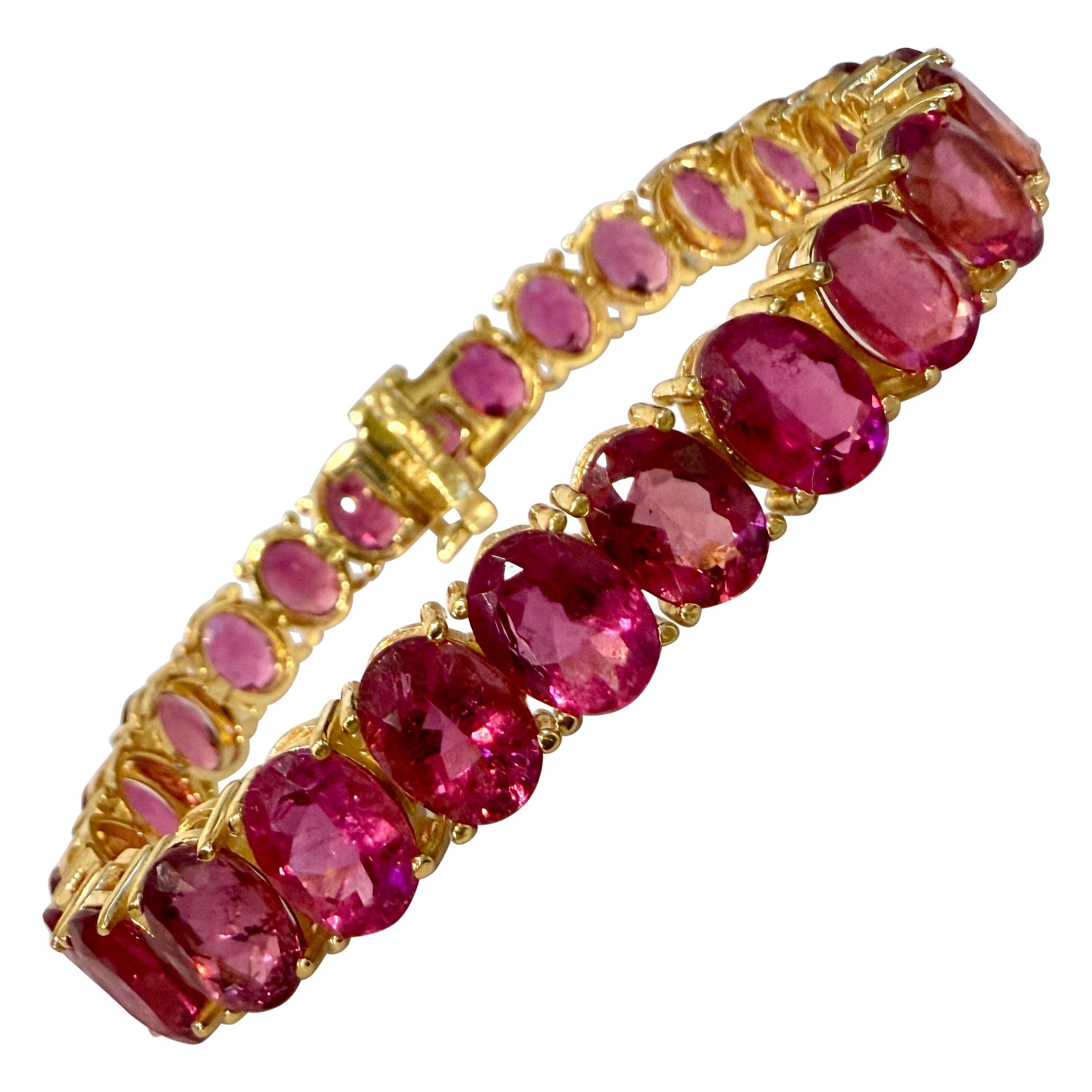 Bracciale con tormalina rosa ovale fine naturale da 48 carati, oro giallo 14 carati, 7 pollici