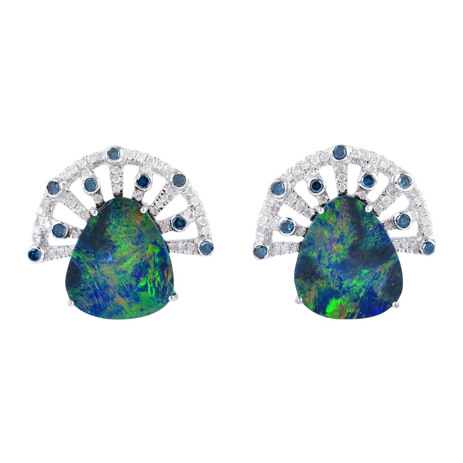 Opal Diamond 18 Karat Gold Fan Stud Earrings